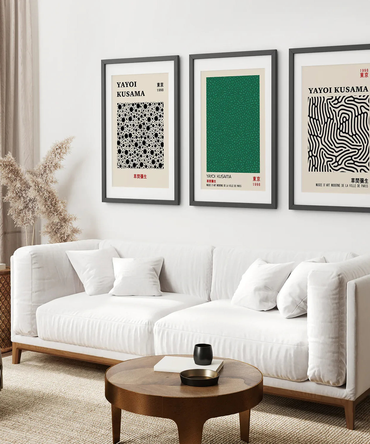 3-teiliges abstraktes japanisches Wandbild-Set in Salbeigrün. Yayoi Kusama