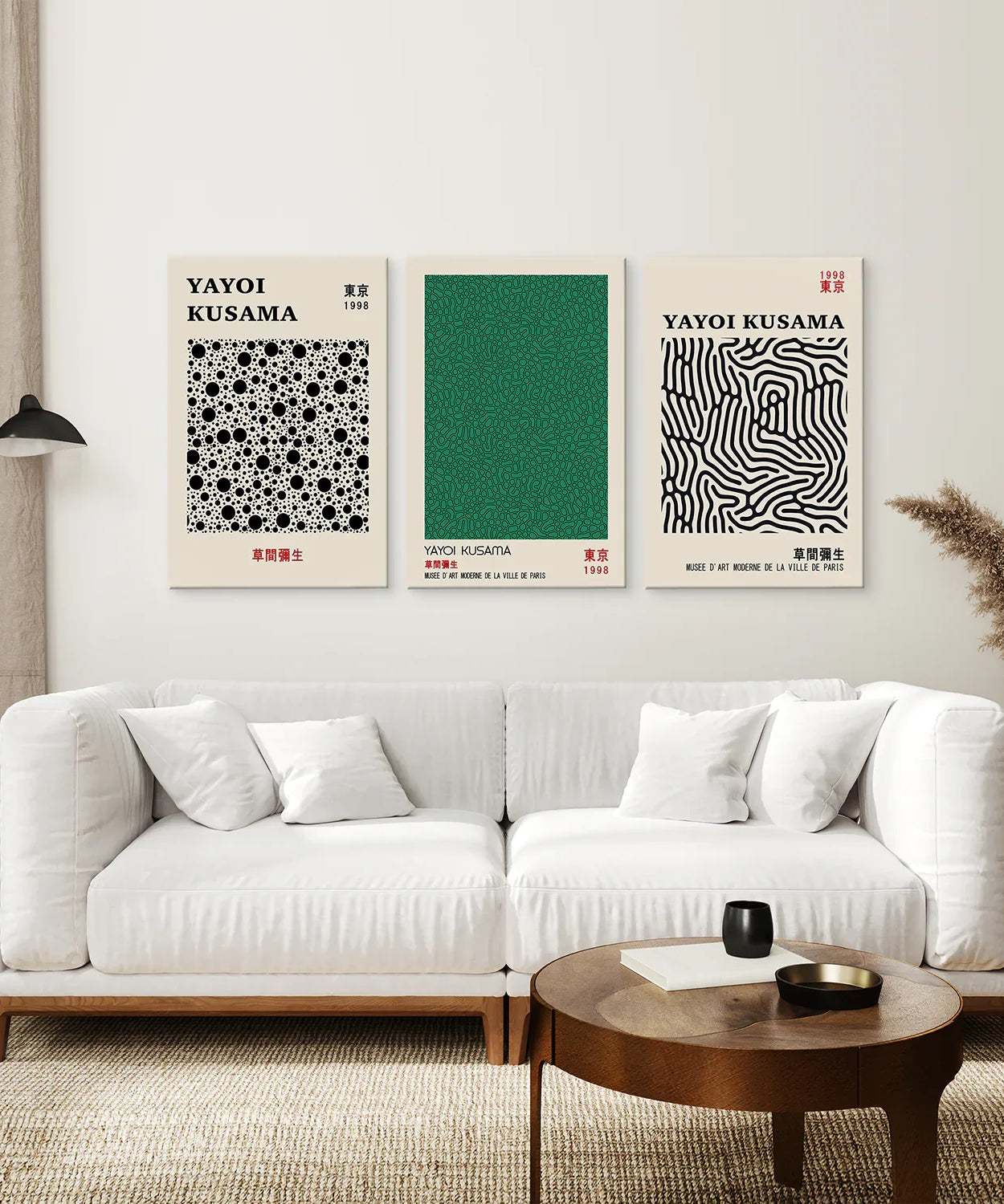 3-teiliges abstraktes japanisches Wandbild-Set in Salbeigrün. Yayoi Kusama