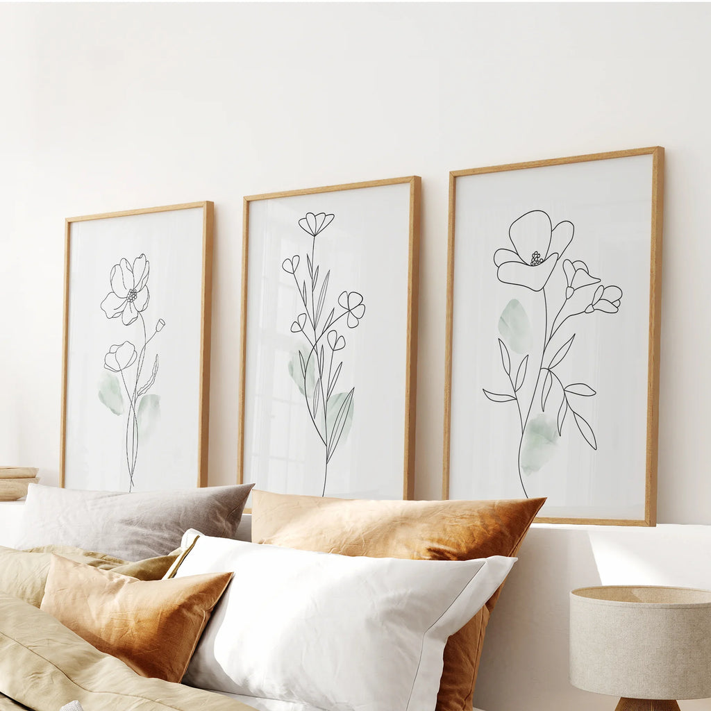 Modern Botanical Line Art Decor. 3 Piece Floral Print Set