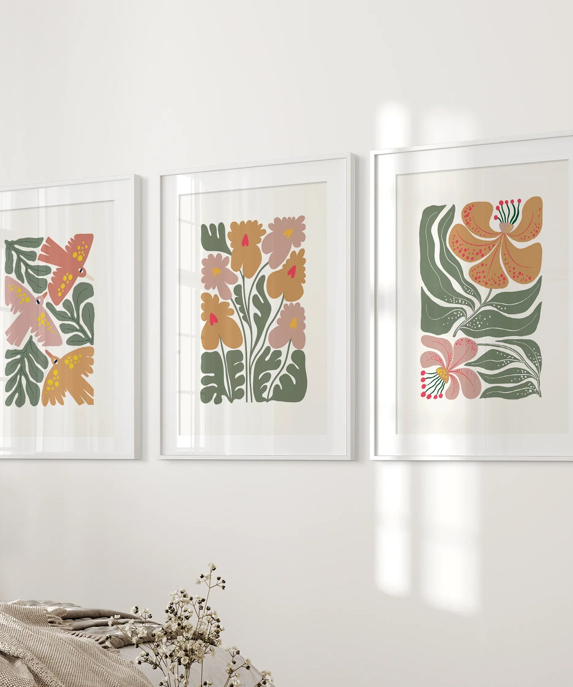 Abstract Botanical Set of 3 Prints. Retro Flower Gallery Art