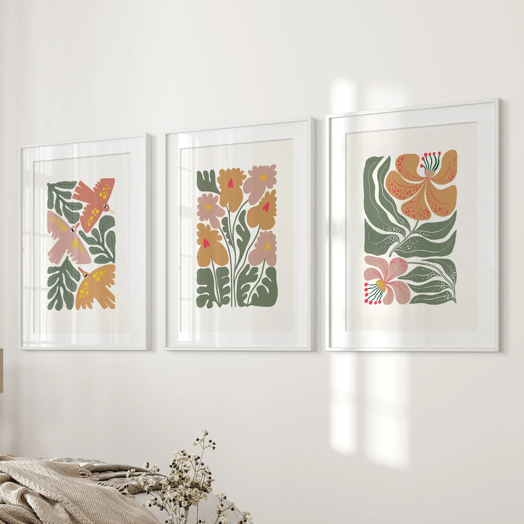 Abstract Botanical Set of 3 Prints. Retro Flower Gallery Art