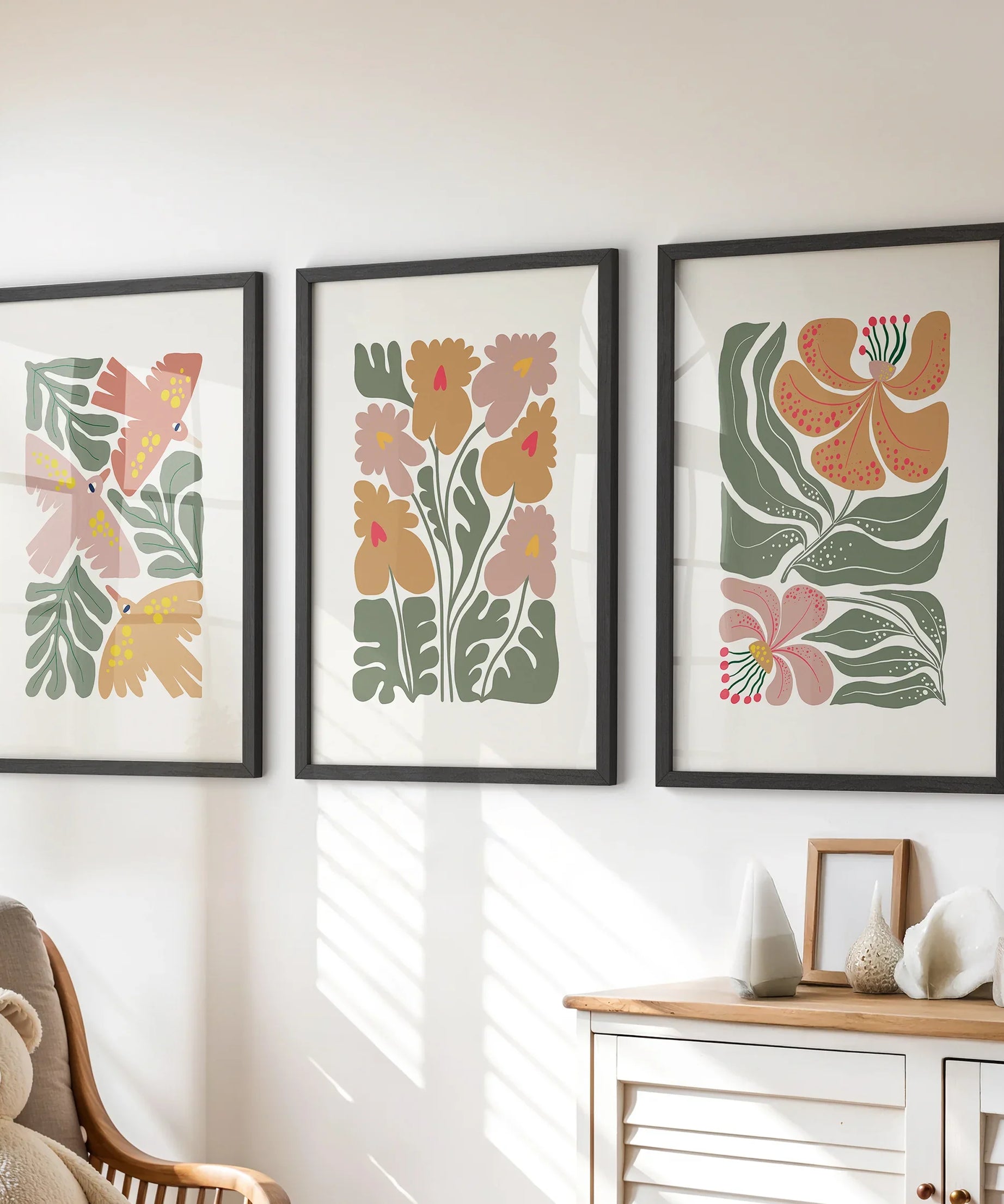 Abstract Botanical Set of 3 Prints. Retro Flower Gallery Art