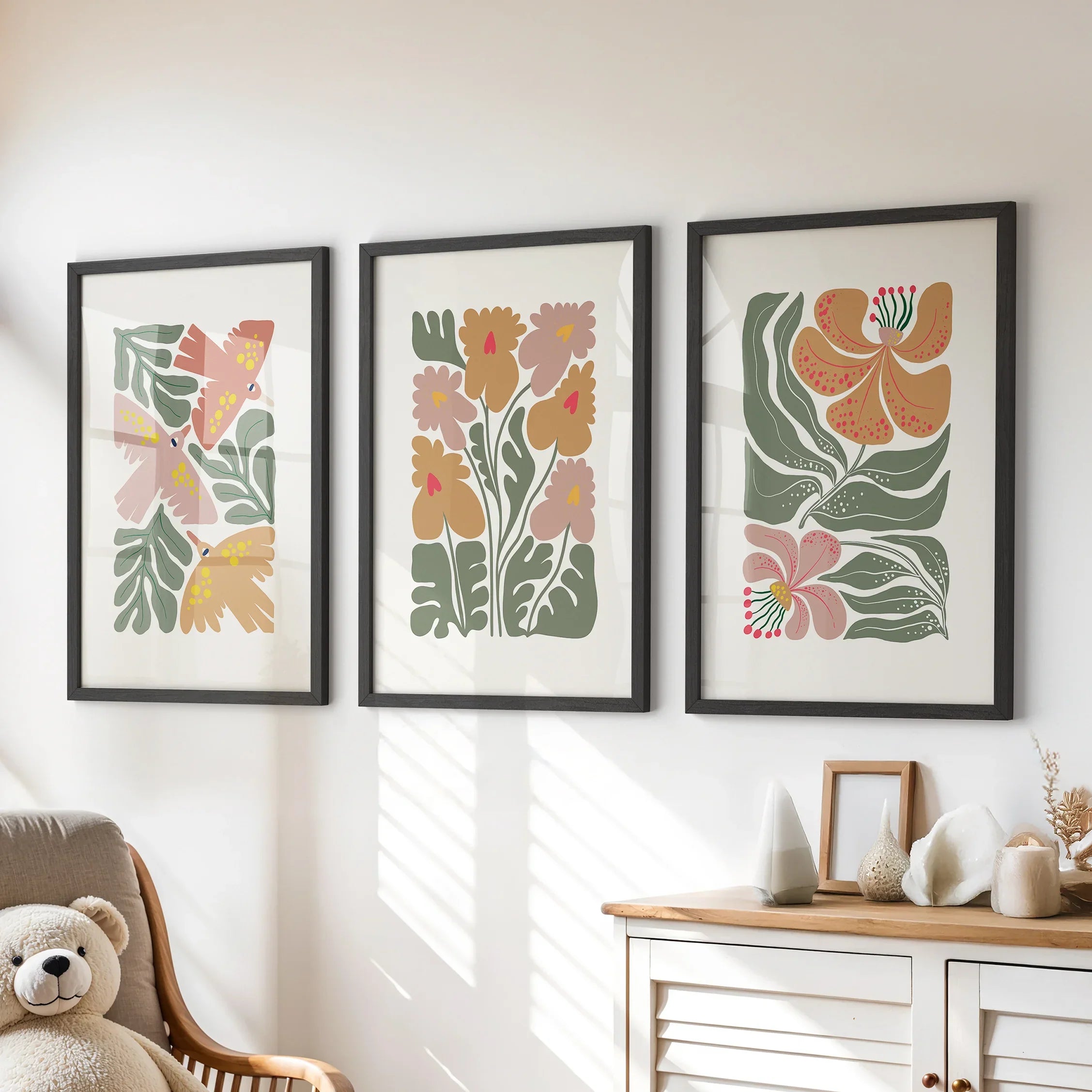 Abstract Botanical Set of 3 Prints. Retro Flower Gallery Art