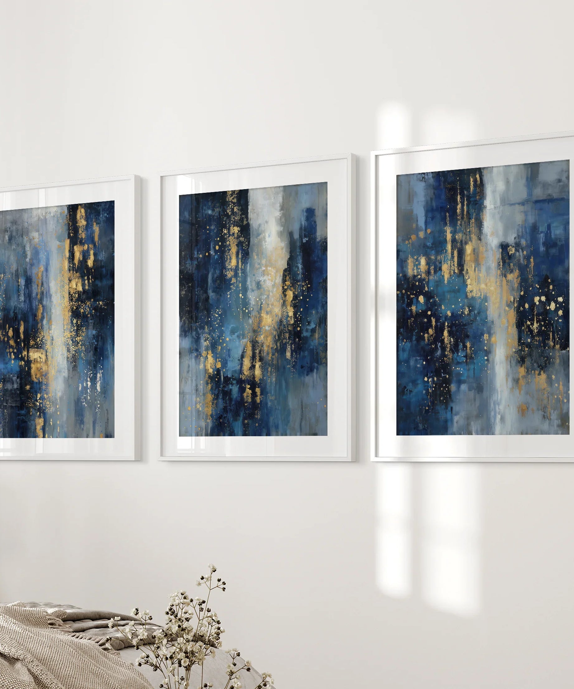 Navy Blue and Gold Triptych. Sparkle Oil Painting Prints