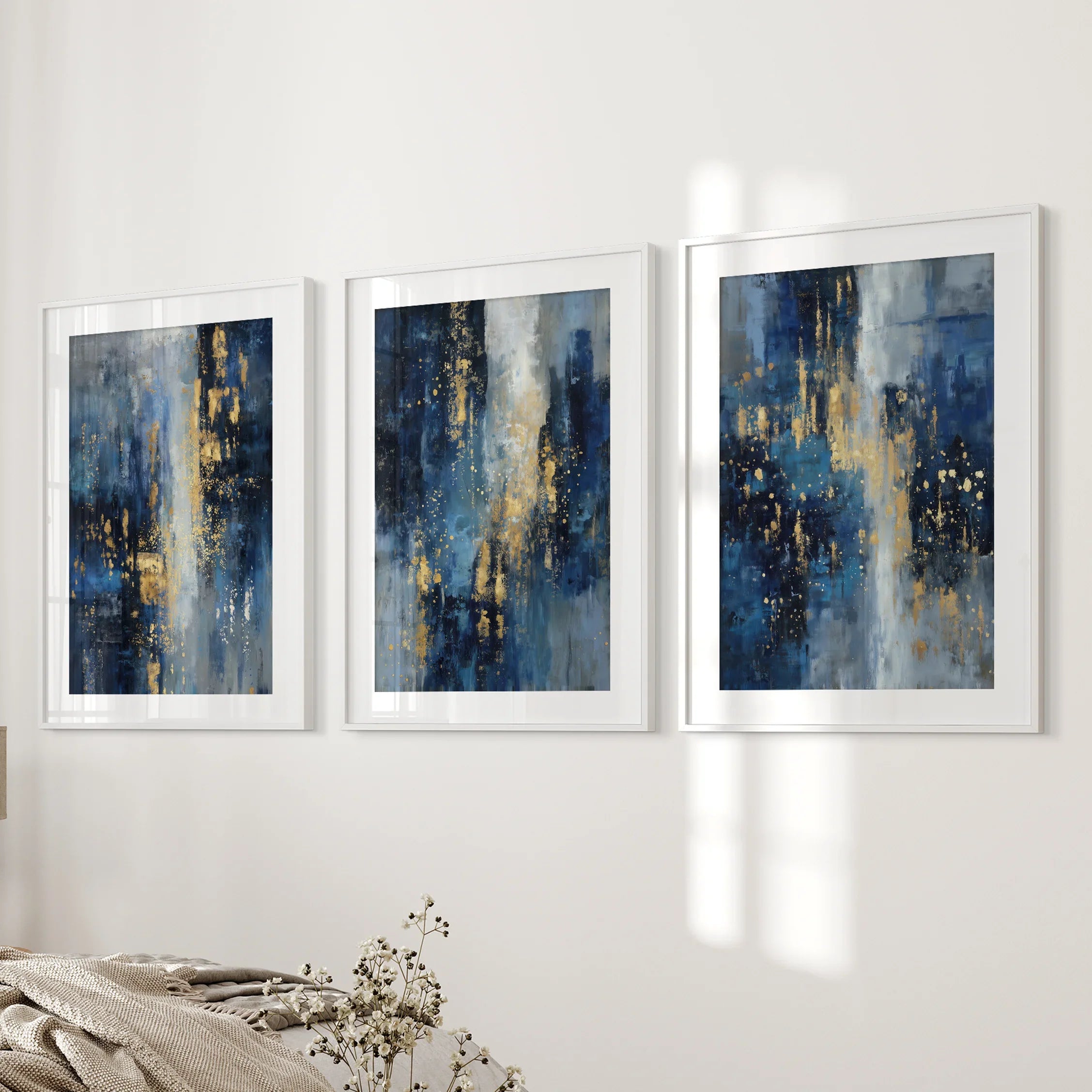 Navy Blue and Gold Triptych. Sparkle Oil Painting Prints
