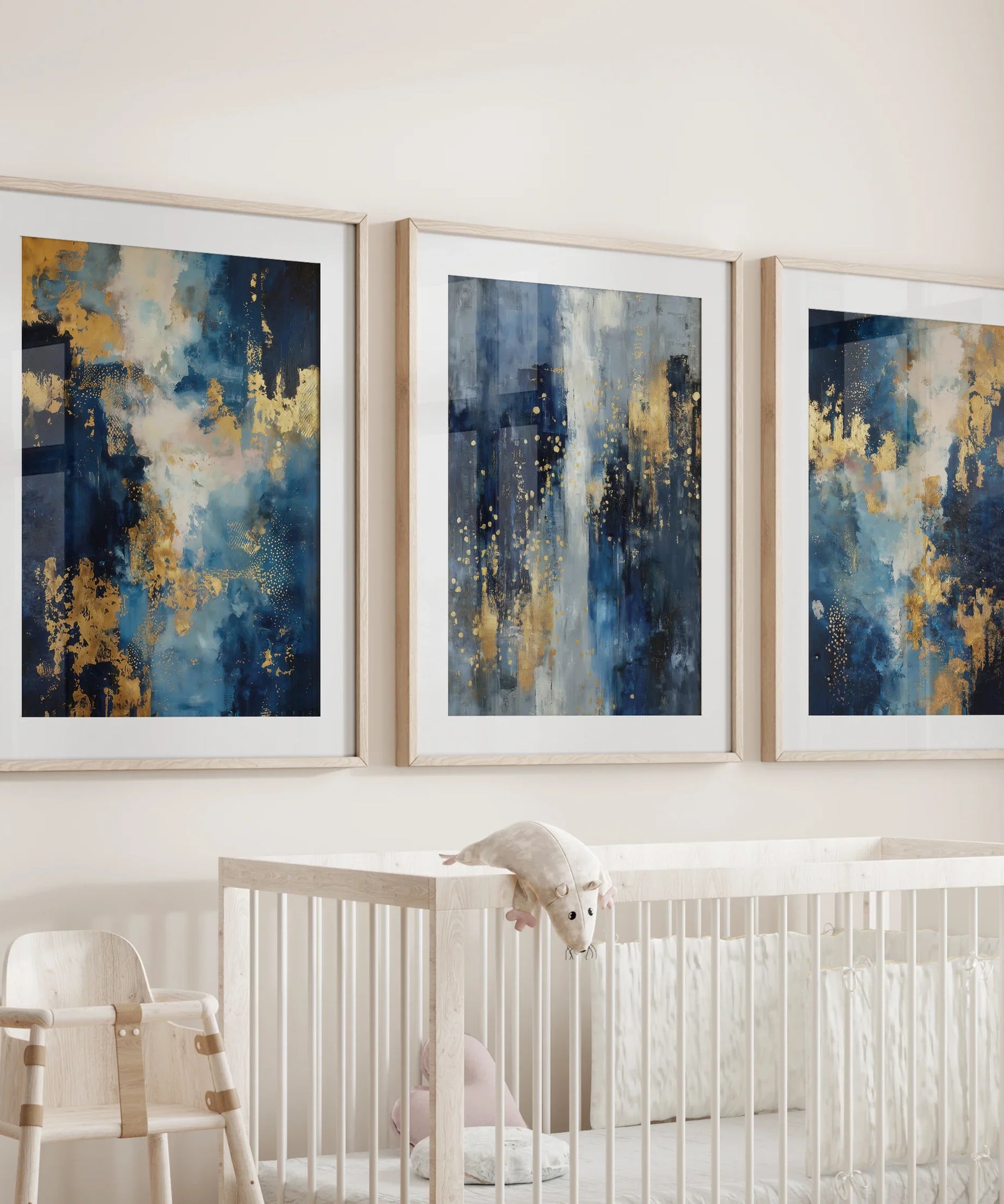 Elegant Navy and Gold Art Set of 3. Contemporary Abstract Prints
