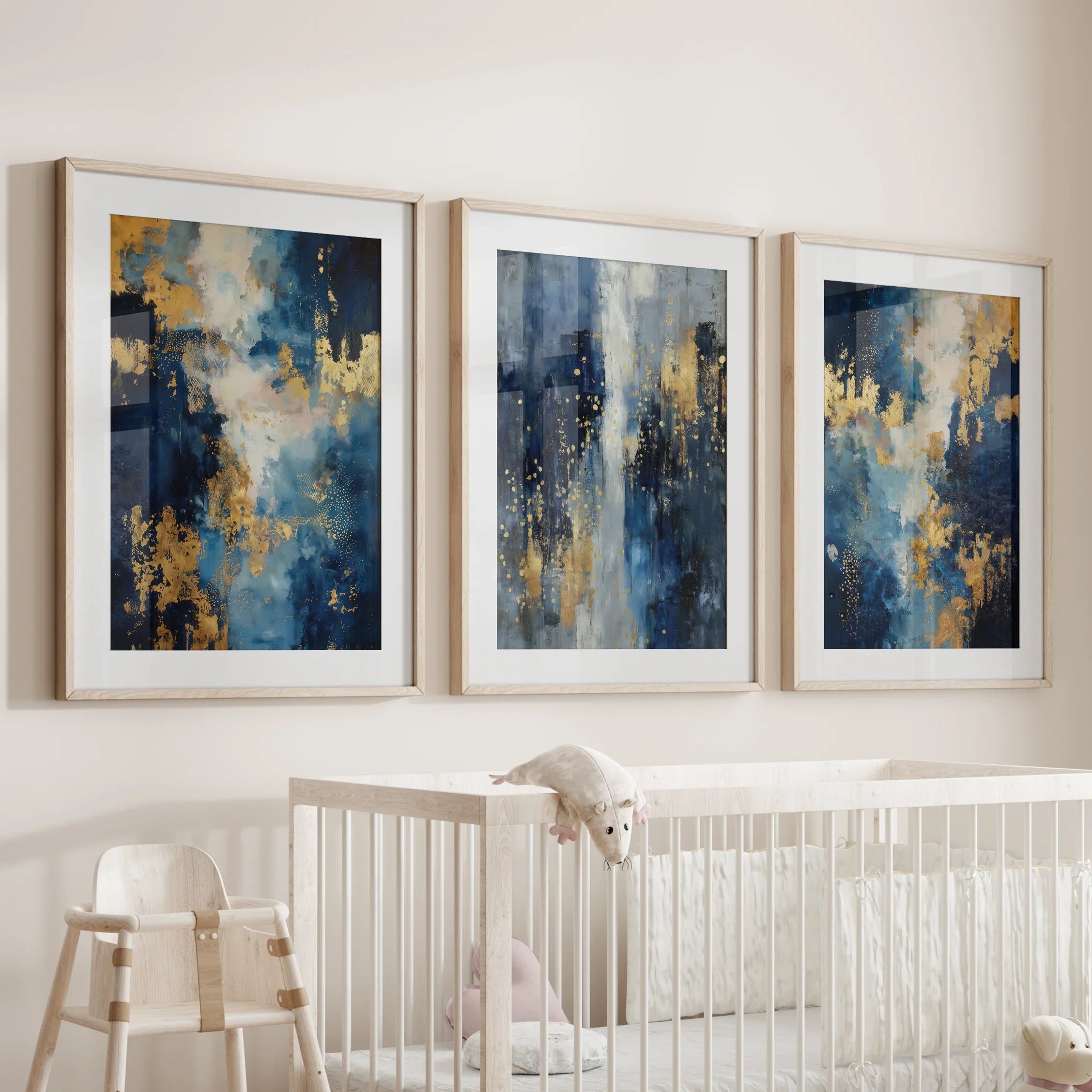 Elegant Navy and Gold Art Set of 3. Contemporary Abstract Prints