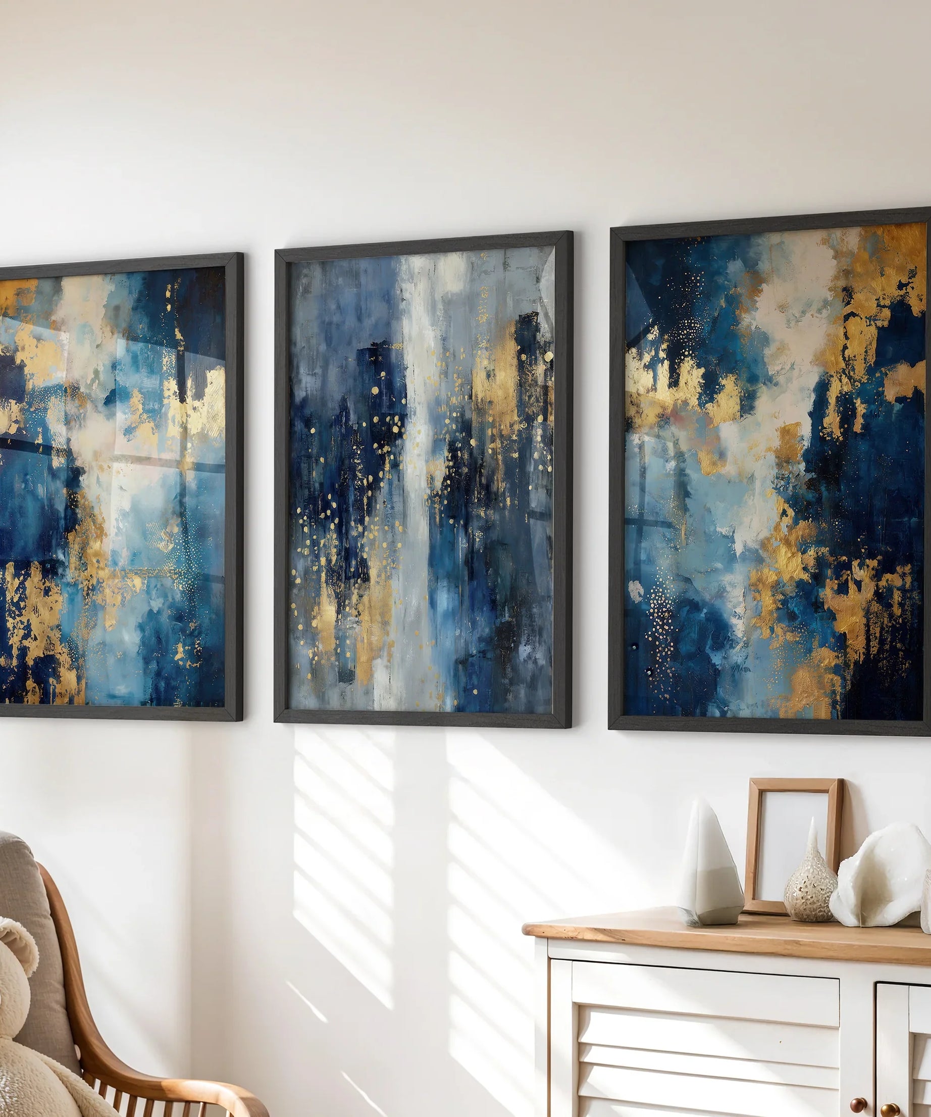 Elegant Navy and Gold Art Set of 3. Contemporary Abstract Prints
