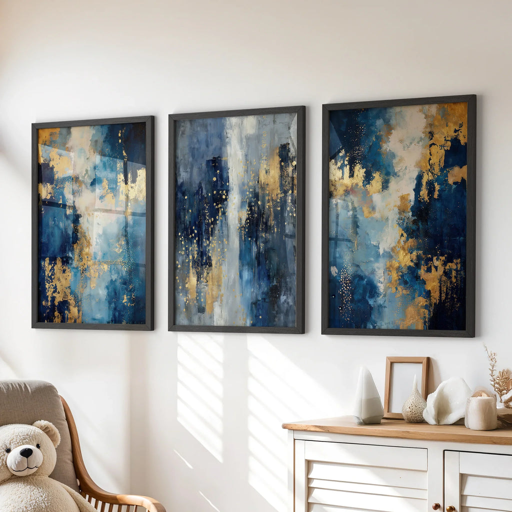 Elegant Navy and Gold Art Set of 3. Contemporary Abstract Prints