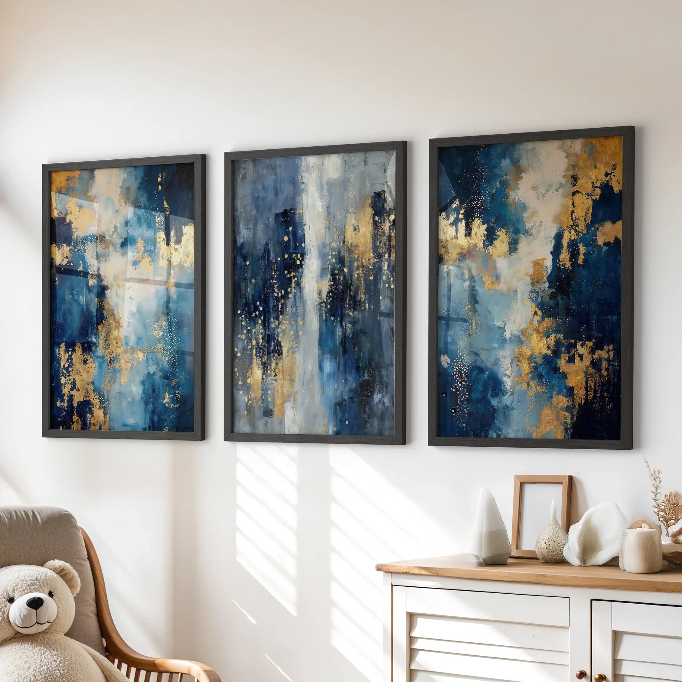 Elegant Navy and Gold Art Set of 3. Contemporary Abstract Prints