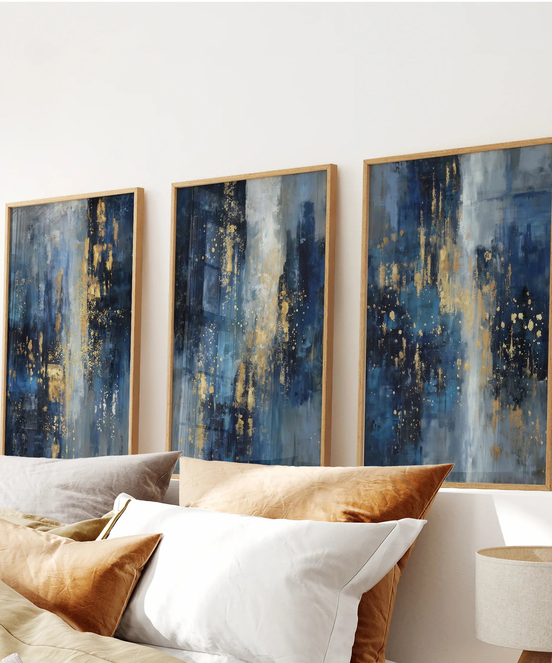 Navy Blue and Gold Triptych. Sparkle Oil Painting Prints