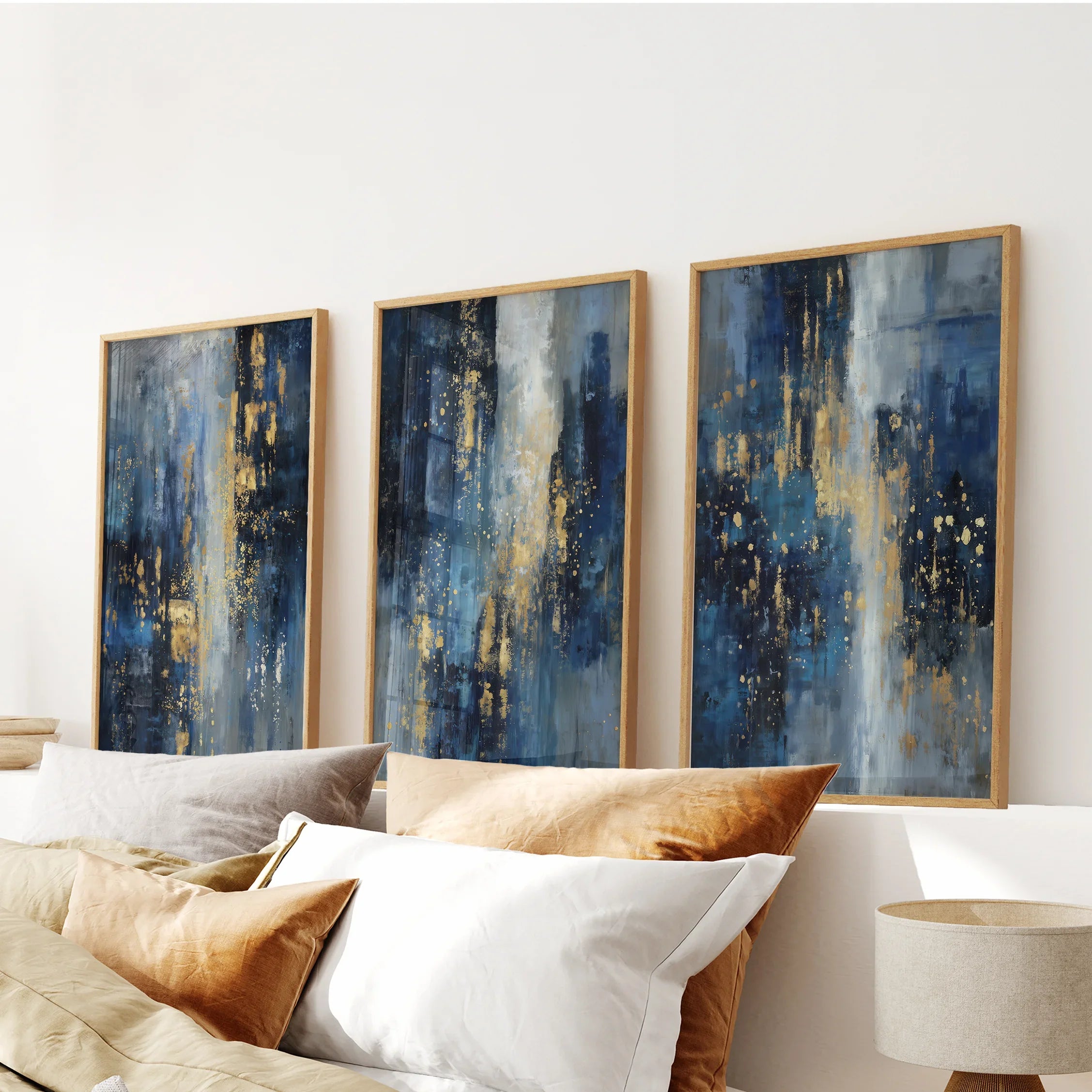 Navy Blue and Gold Triptych. Sparkle Oil Painting Prints