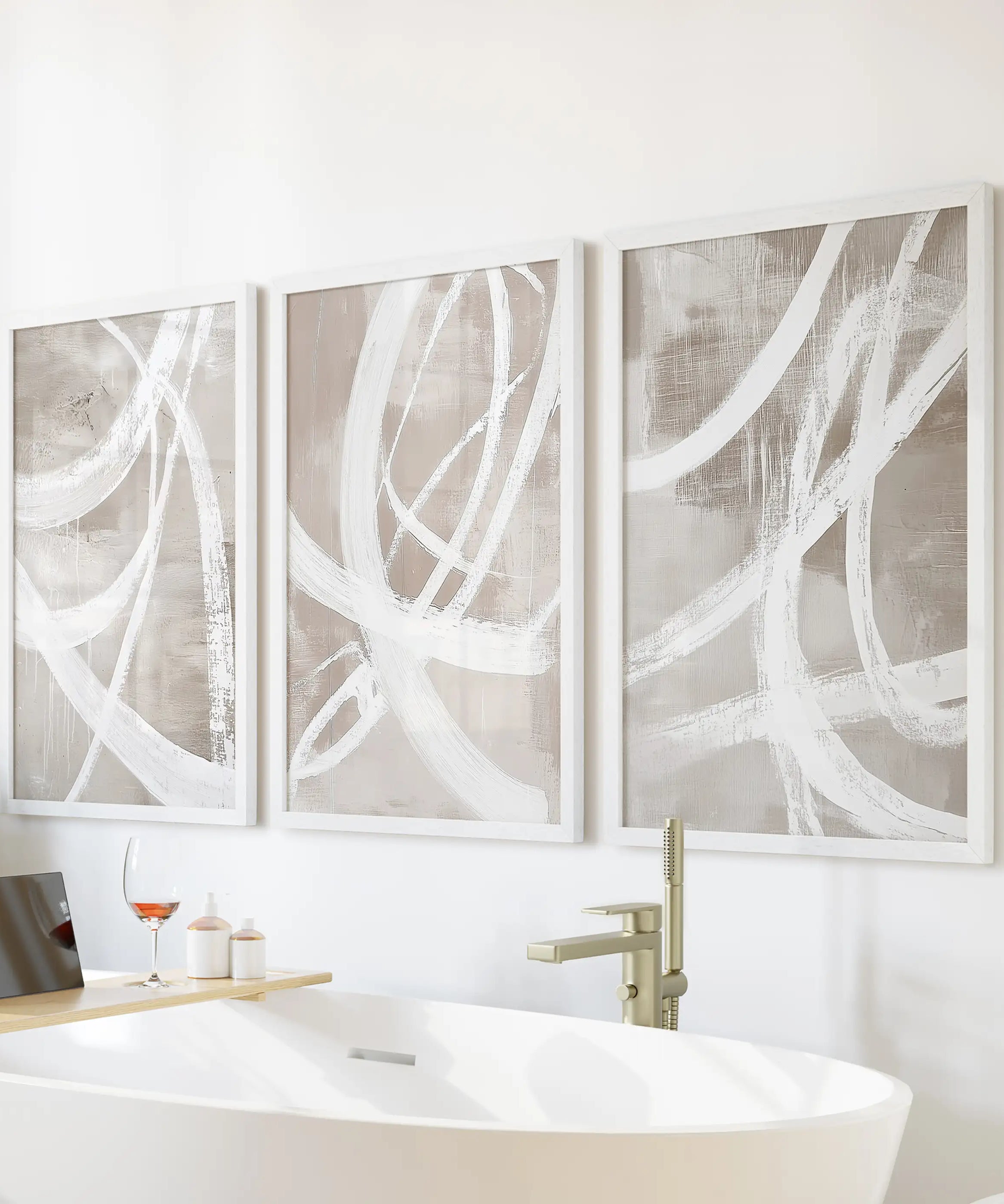 Modern Minimalist Abstract Triptych. Neutral Brush Stroke Art