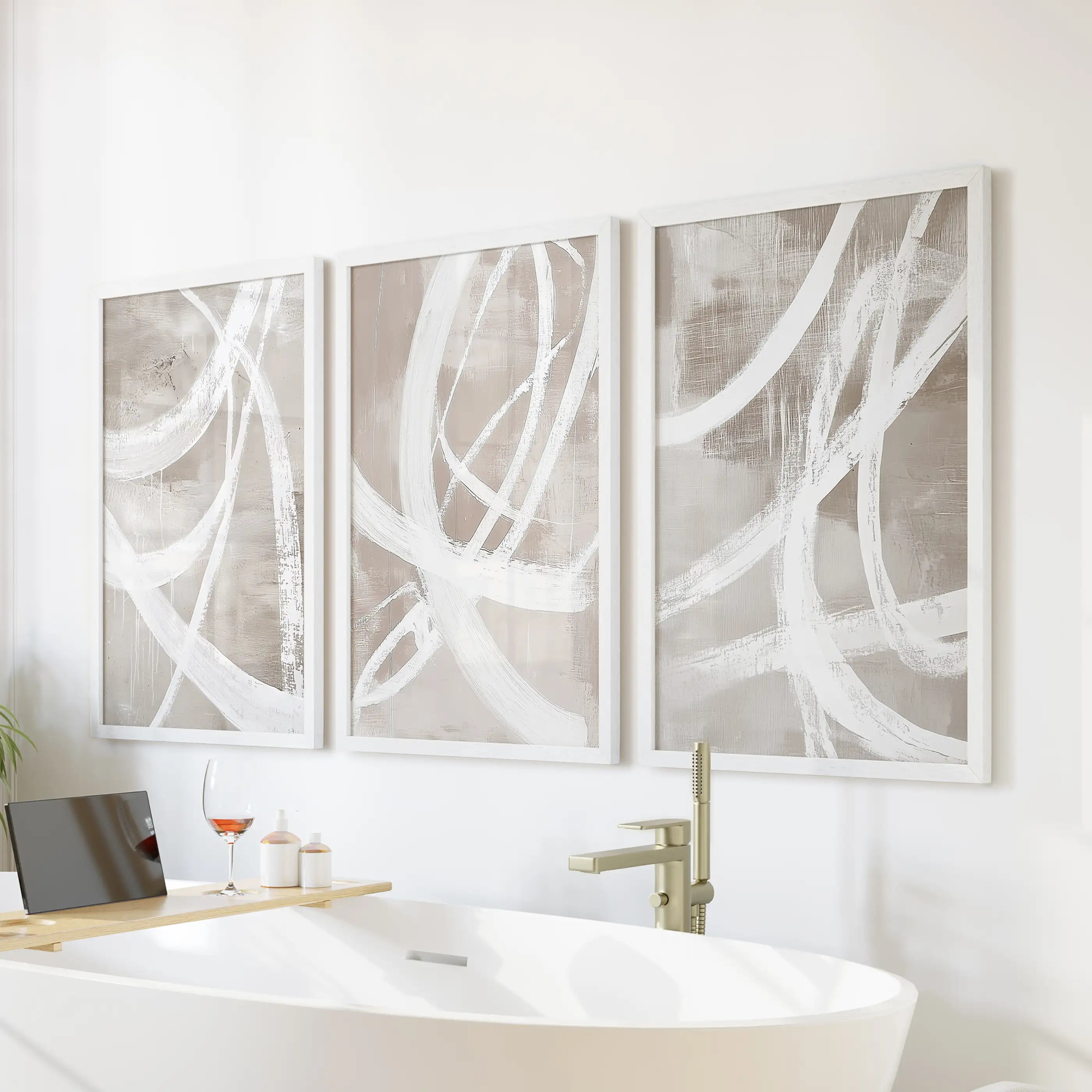 Modern Minimalist Abstract Triptych. Neutral Brush Stroke Art