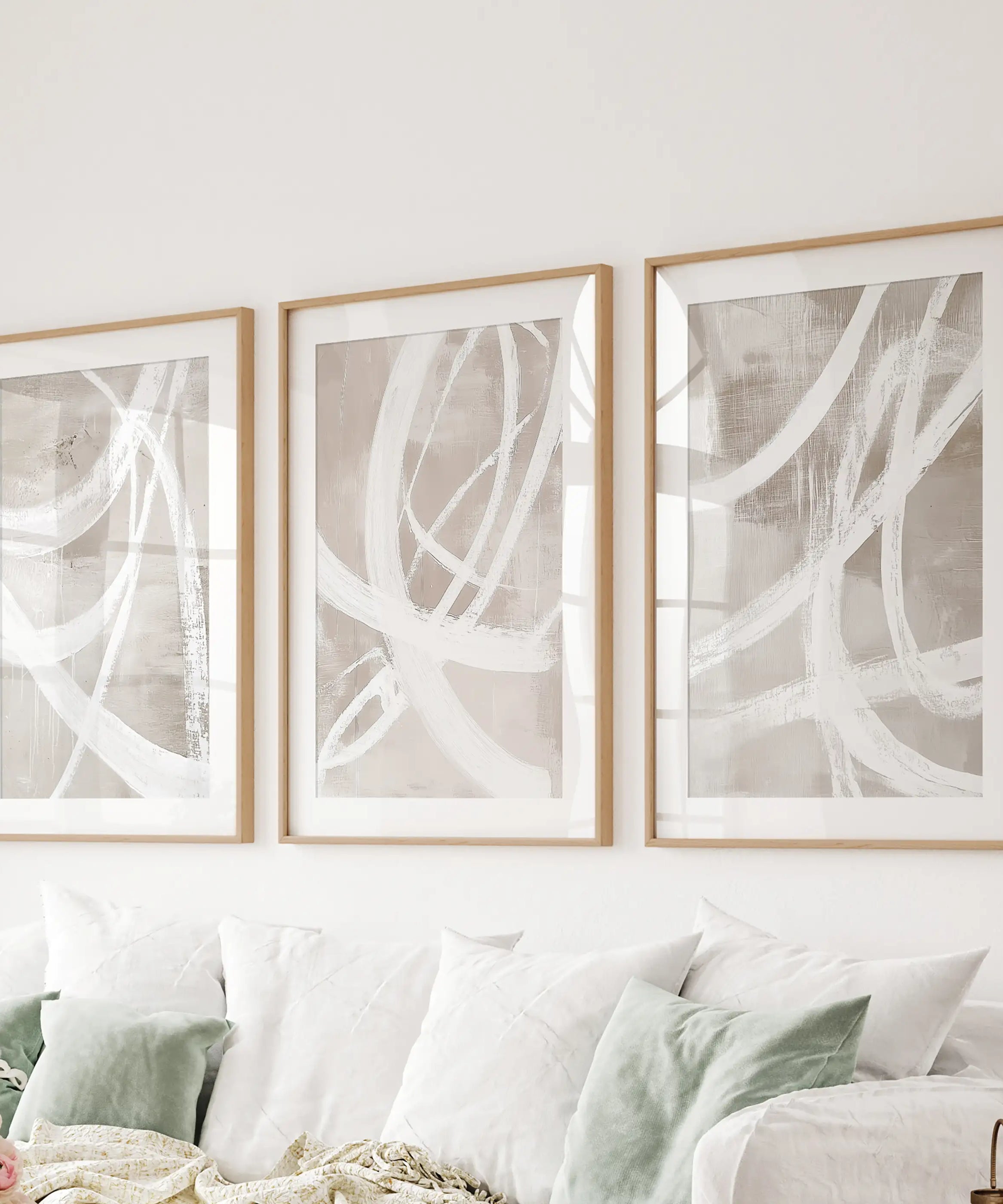 Modern Minimalist Abstract Triptych. Neutral Brush Stroke Art