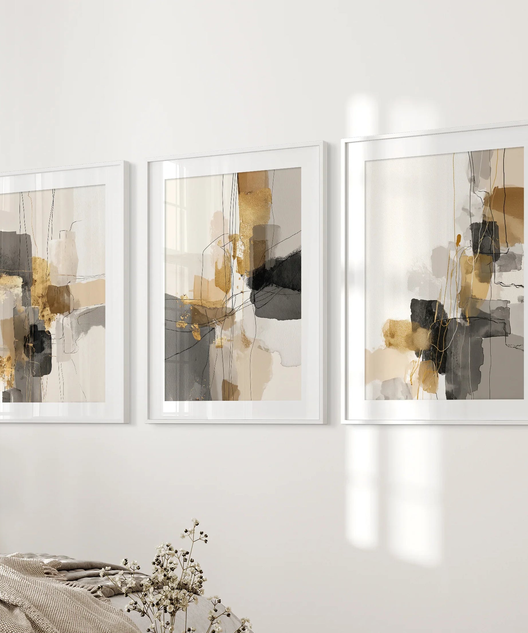 Neutral Abstract Wall Art Set of 3. Beige, Gray, Gold Prints