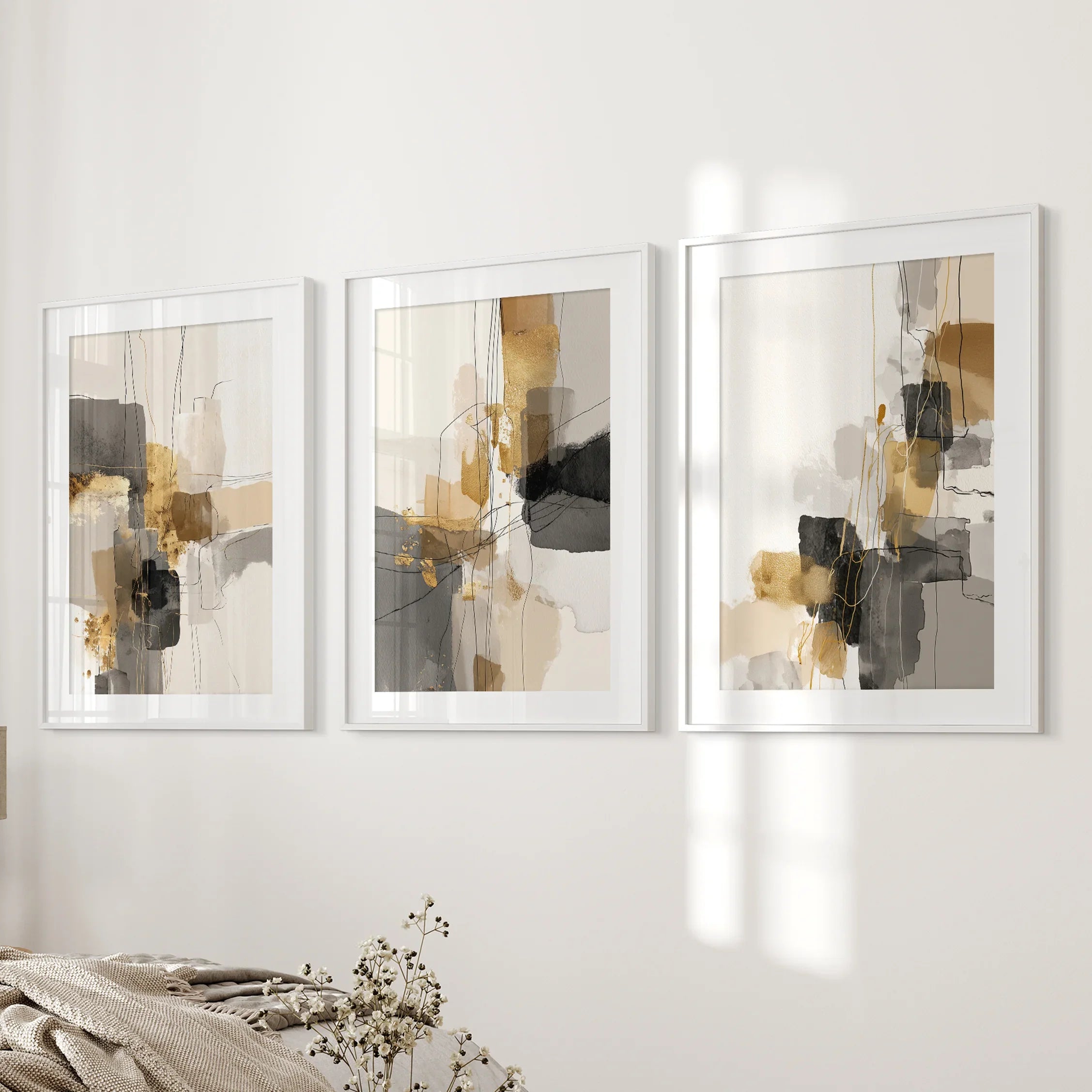 Neutral Abstract Wall Art Set of 3. Beige, Gray, Gold Prints