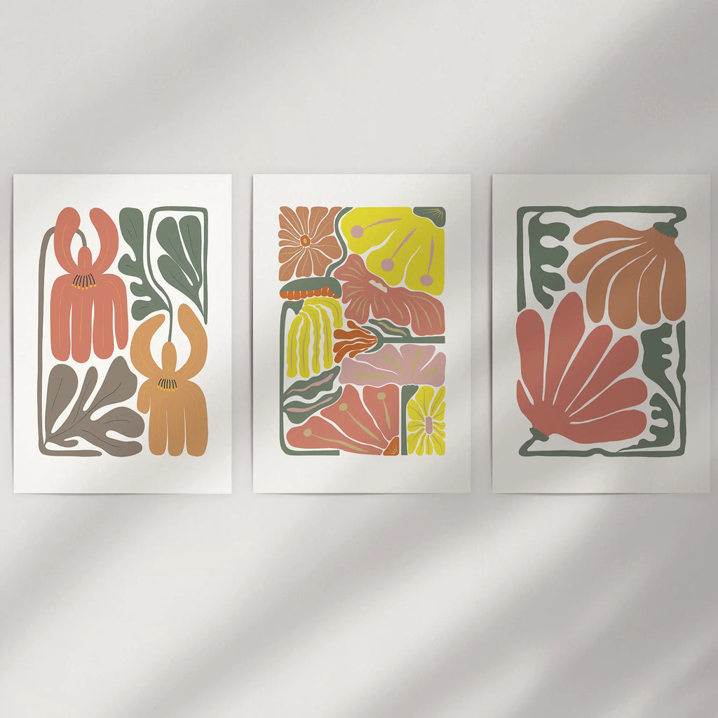 Boho Chic Botanical Decor. Set of 3 Abstract Flowers Prints
