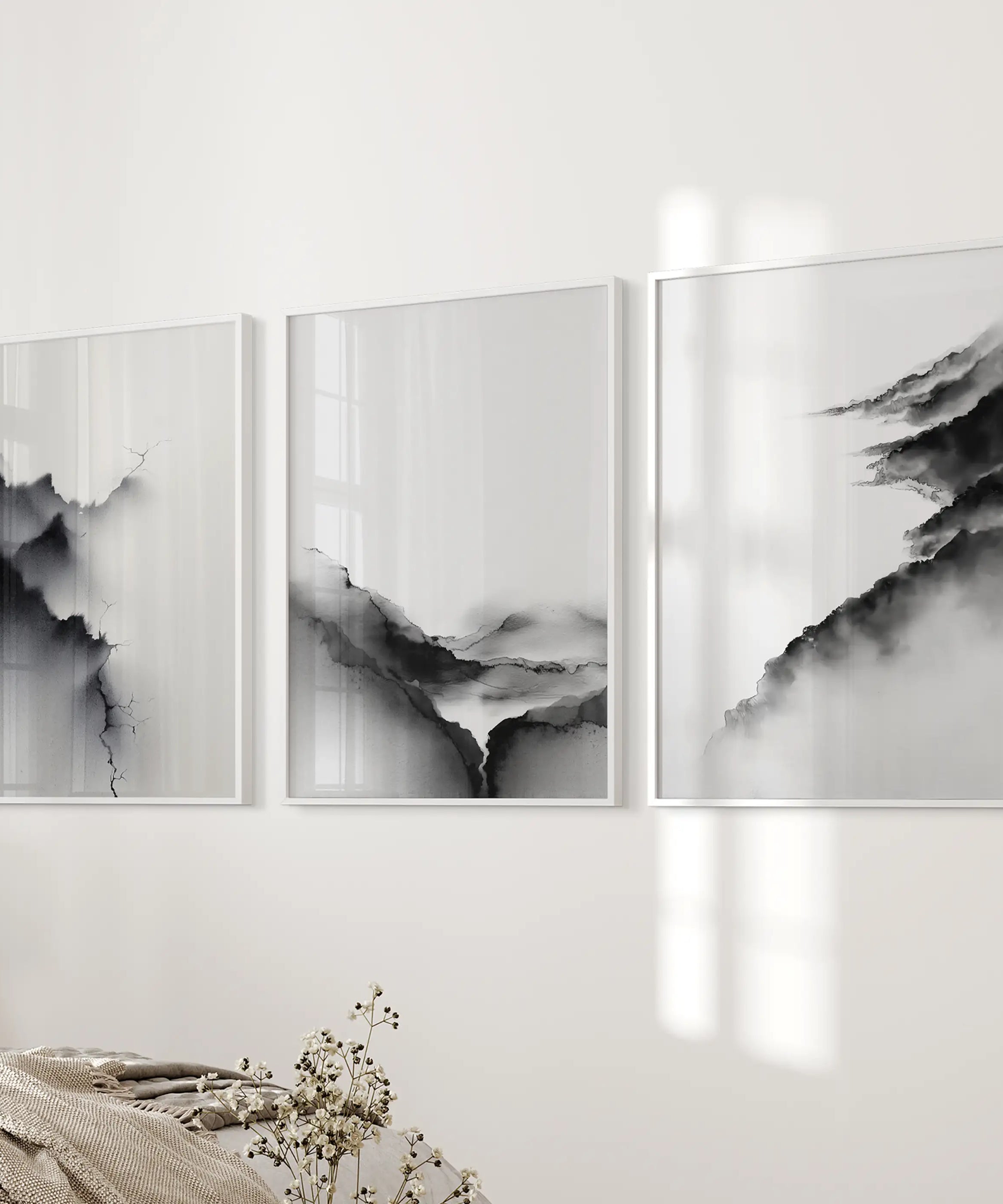 Black White Mountain Landscape Art Set of 3. Calming Nature