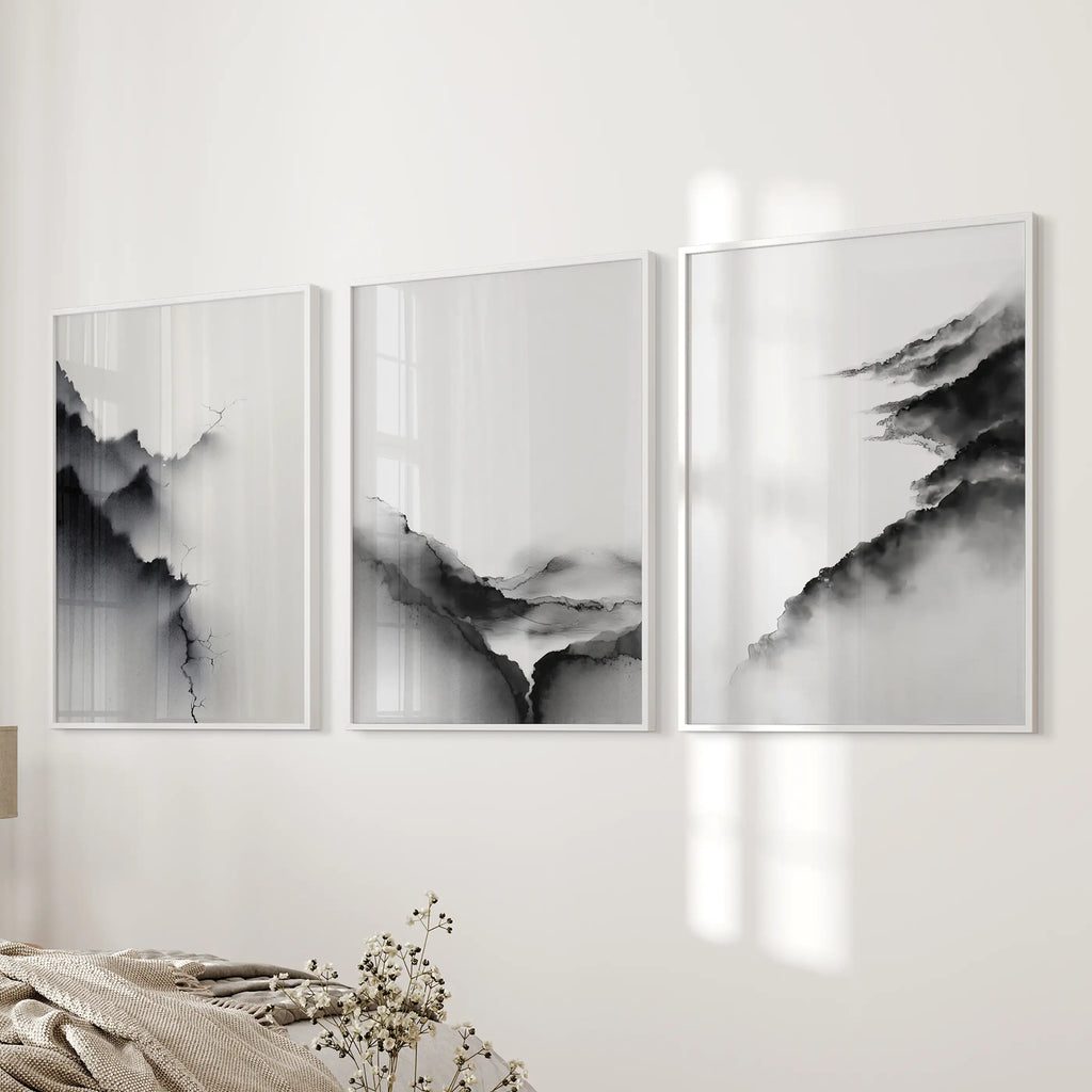 Black White Mountain Landscape Art Set of 3. Calming Nature