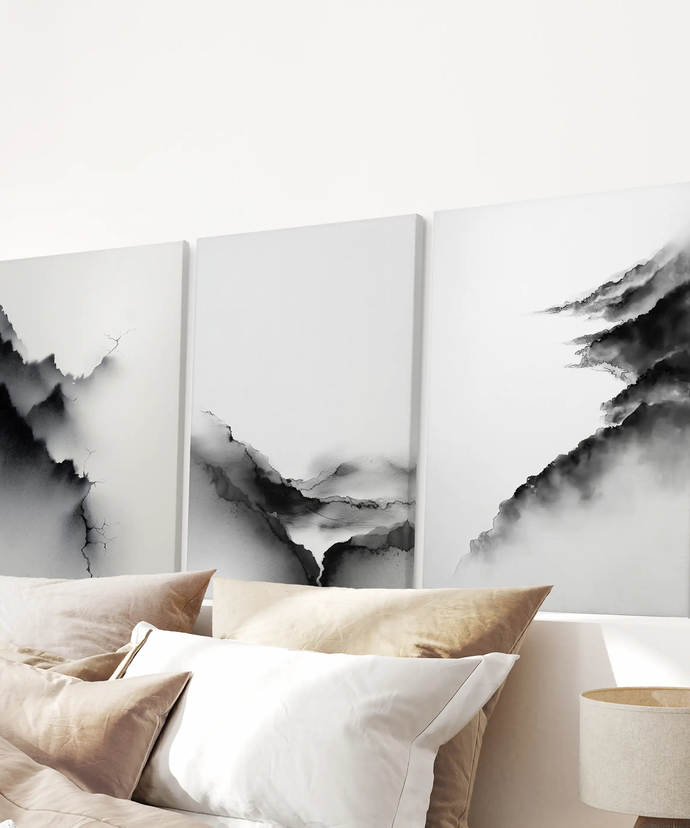 Black White Mountain Landscape Art Set of 3. Calming Nature