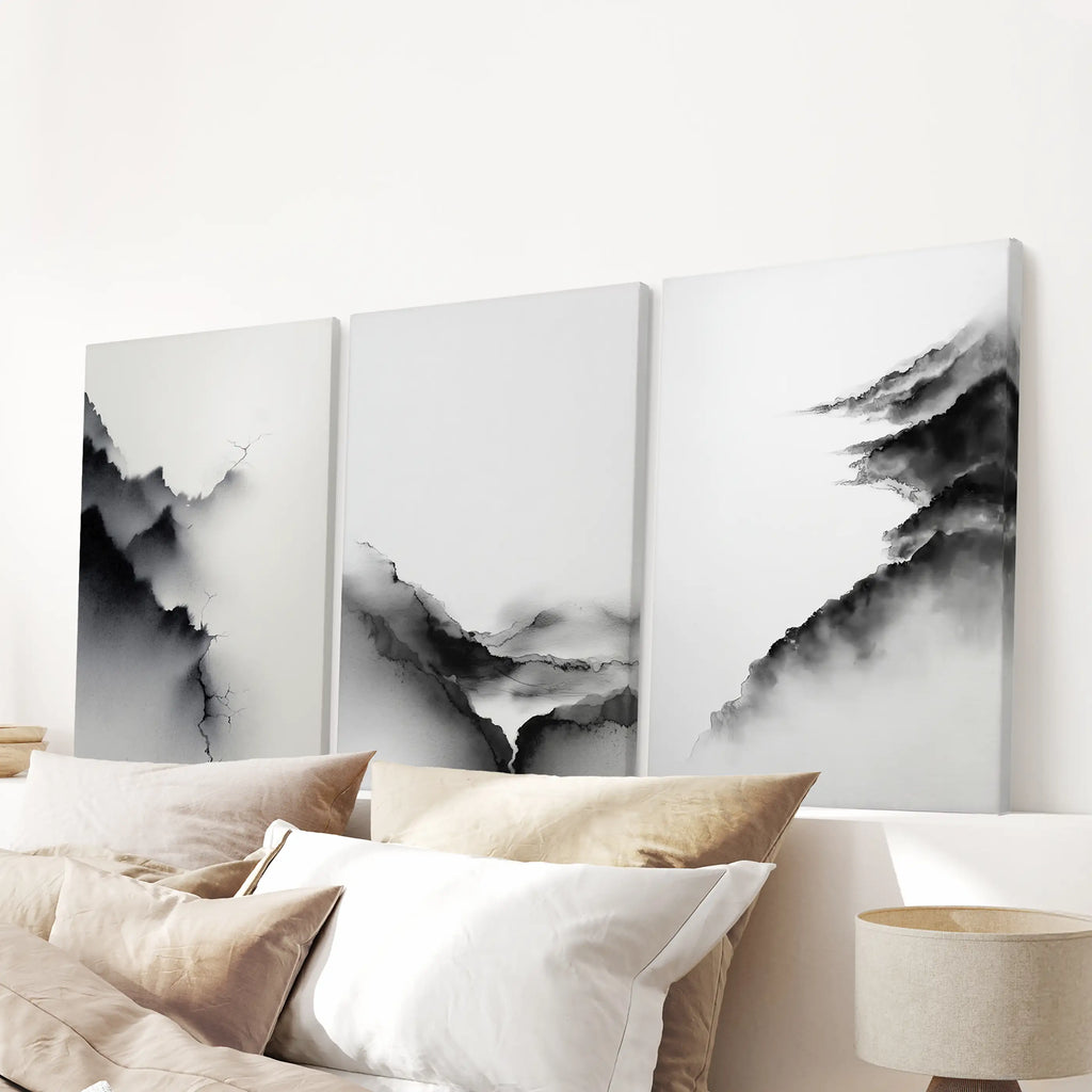 Black White Mountain Landscape Art Set of 3. Calming Nature