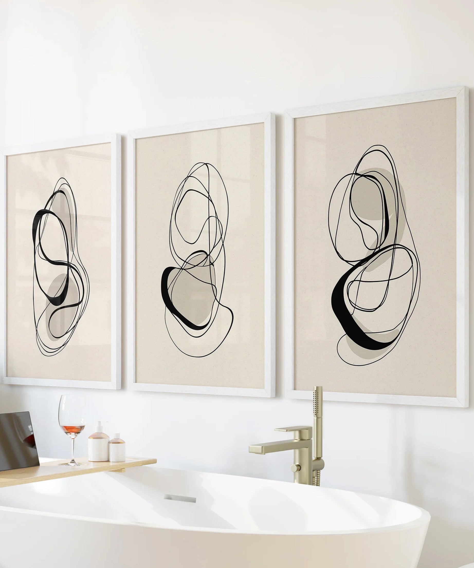Black and Beige Abstract Set of 3 Wall Art. Minimalist Lines