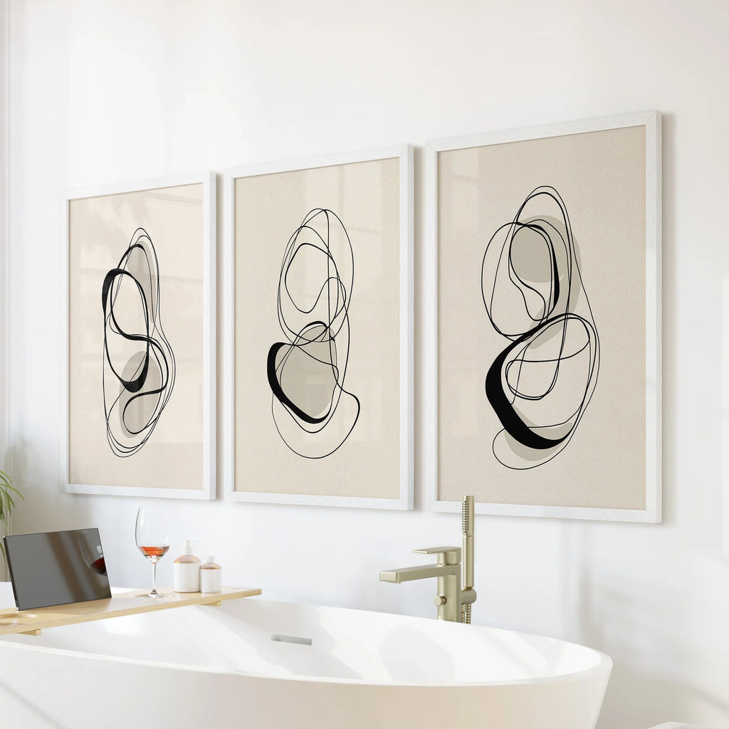 Black and Beige Abstract Set of 3 Wall Art. Minimalist Lines