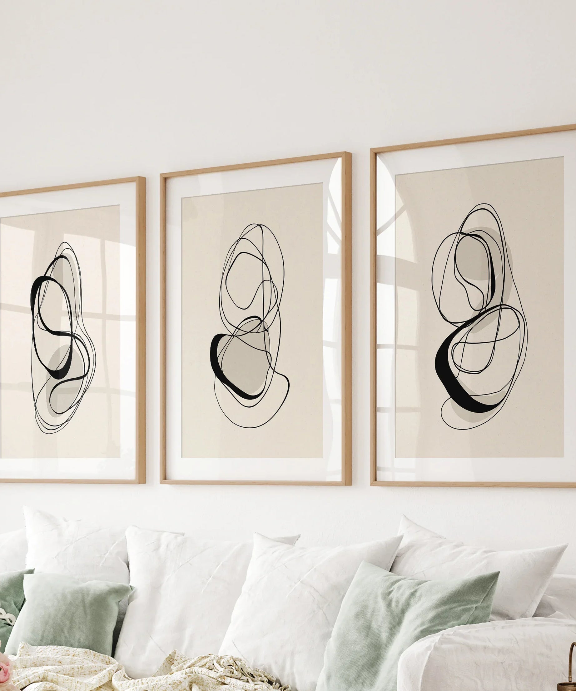 Black and Beige Abstract Set of 3 Wall Art. Minimalist Lines
