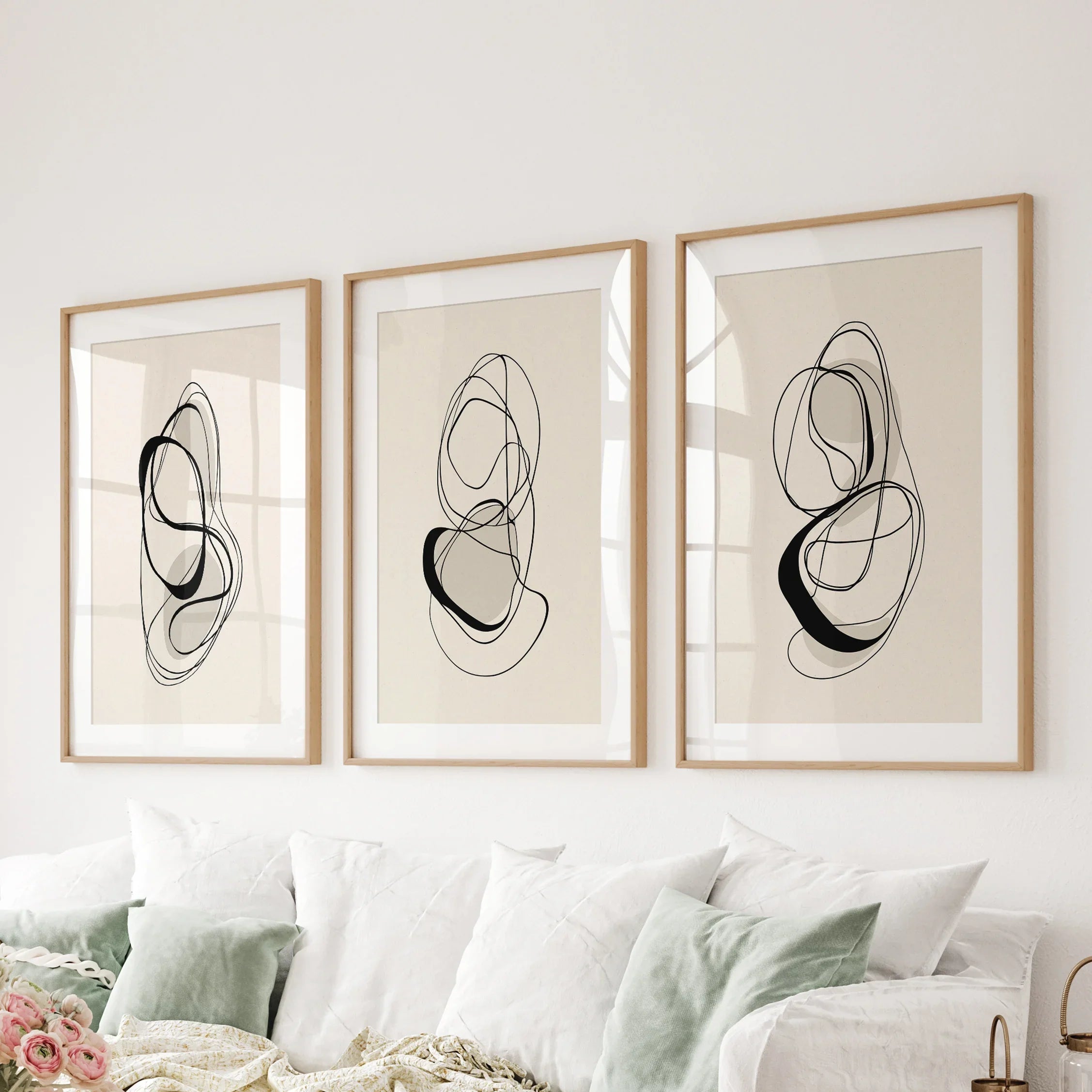Black and Beige Abstract Set of 3 Wall Art. Minimalist Lines