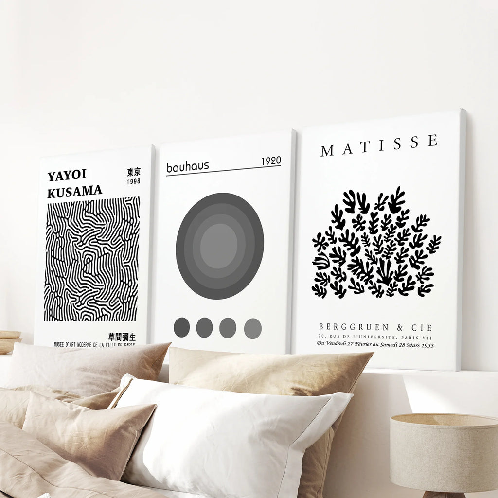 Black White Kusama, Matisse, Bauhaus Posters. Art Set of 3