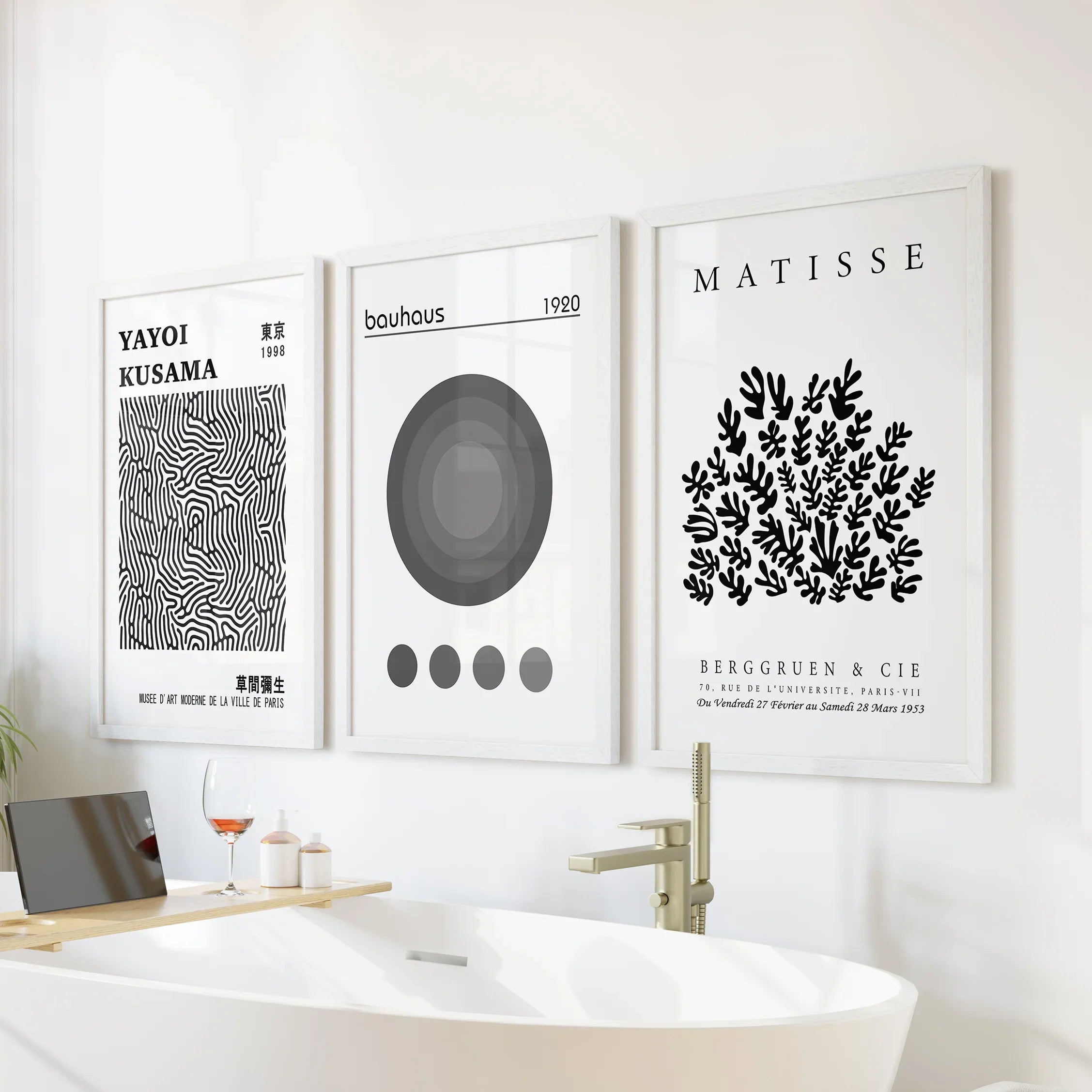 Black White Kusama, Matisse, Bauhaus Posters. Art Set of 3