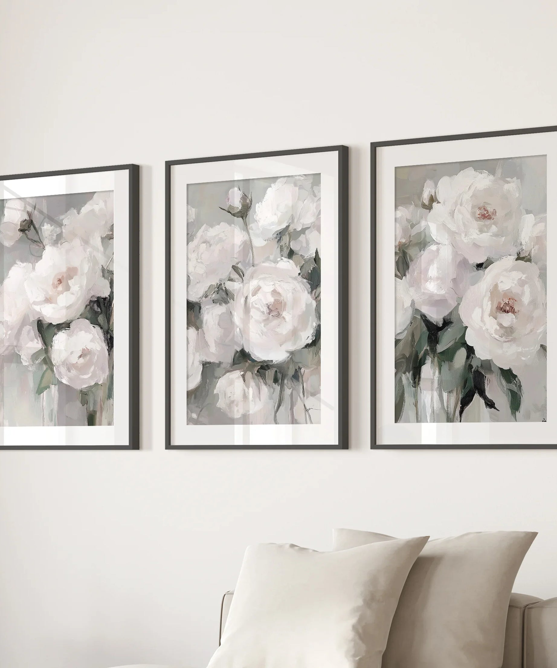 Romantic White Flower 3 Piece Wall Art. Peony Painting Print