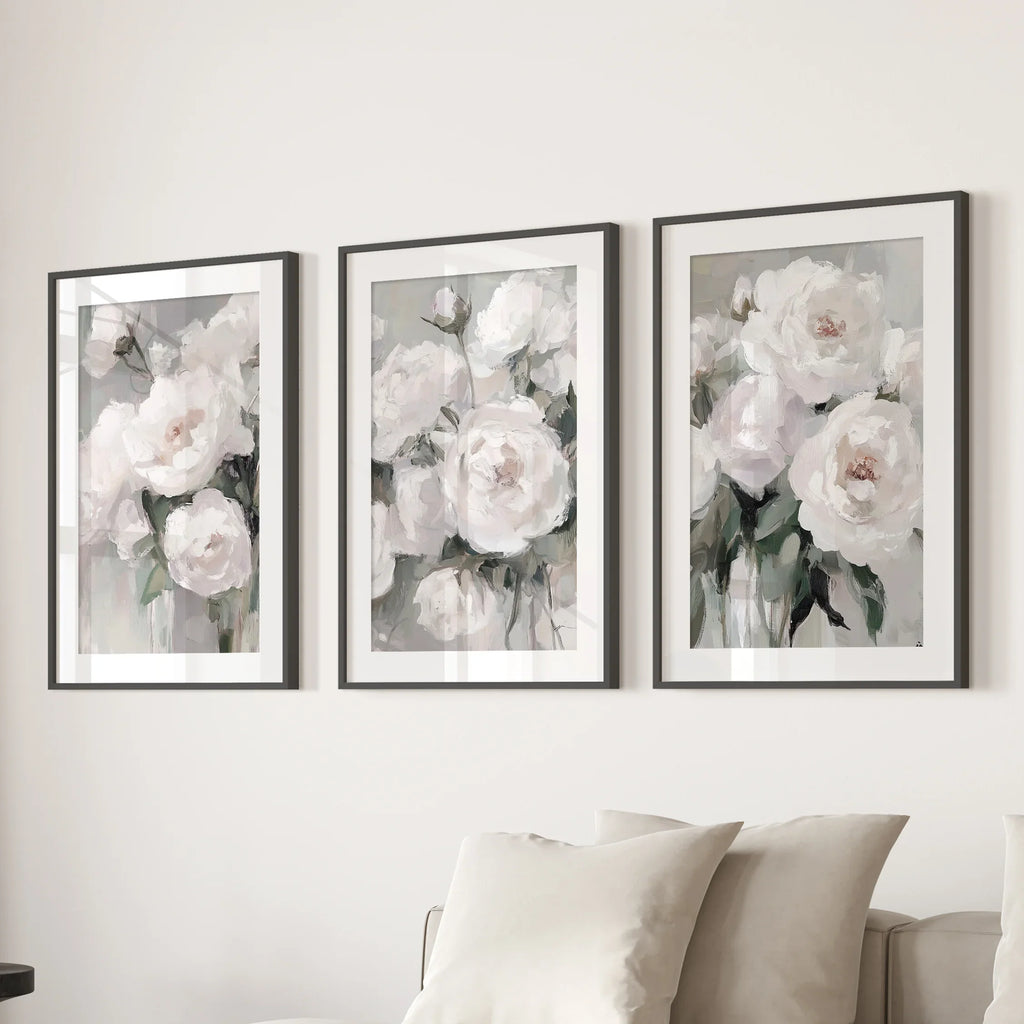 Romantic White Flower 3 Piece Wall Art. Peony Painting Print