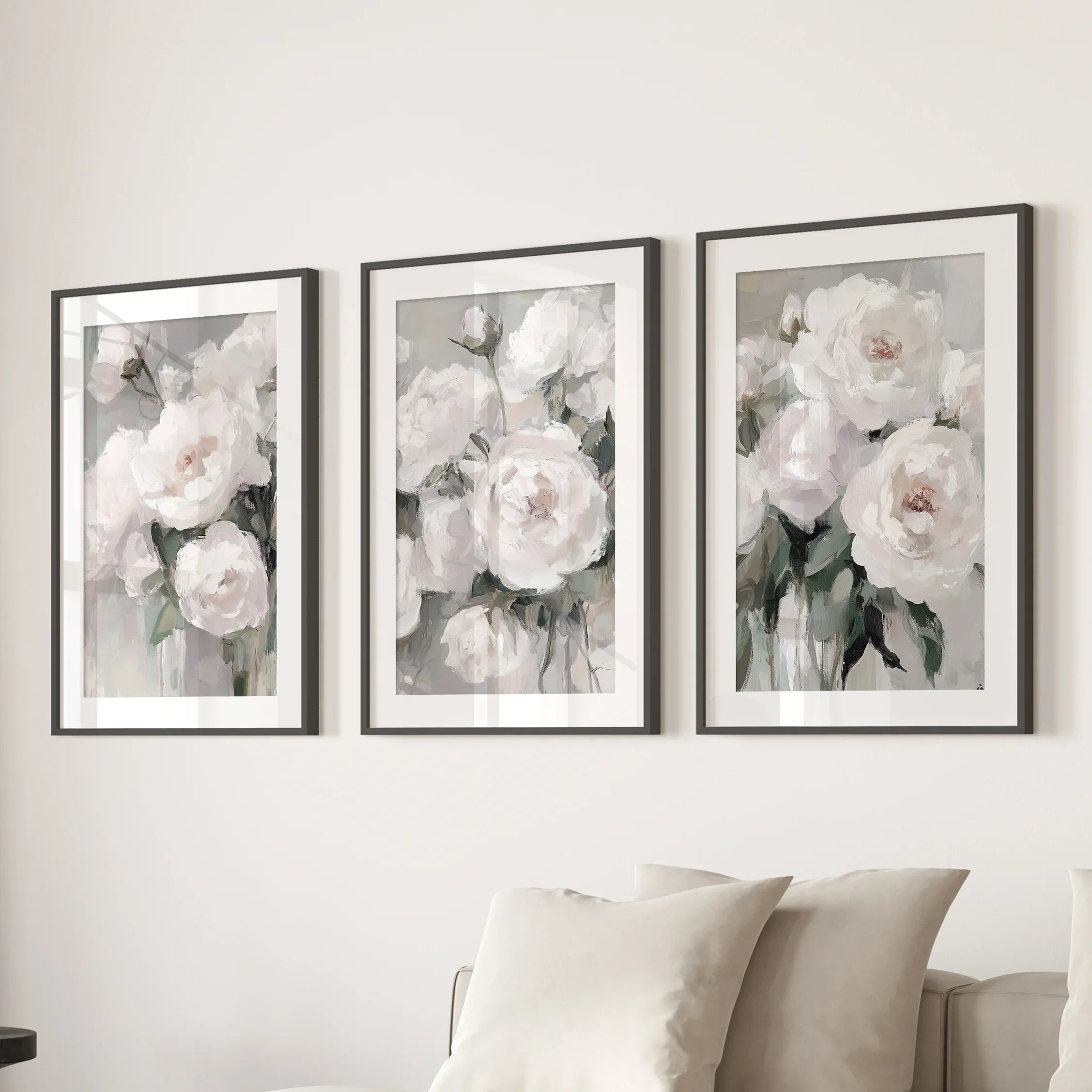 Romantic White Flower 3 Piece Wall Art. Peony Painting Print