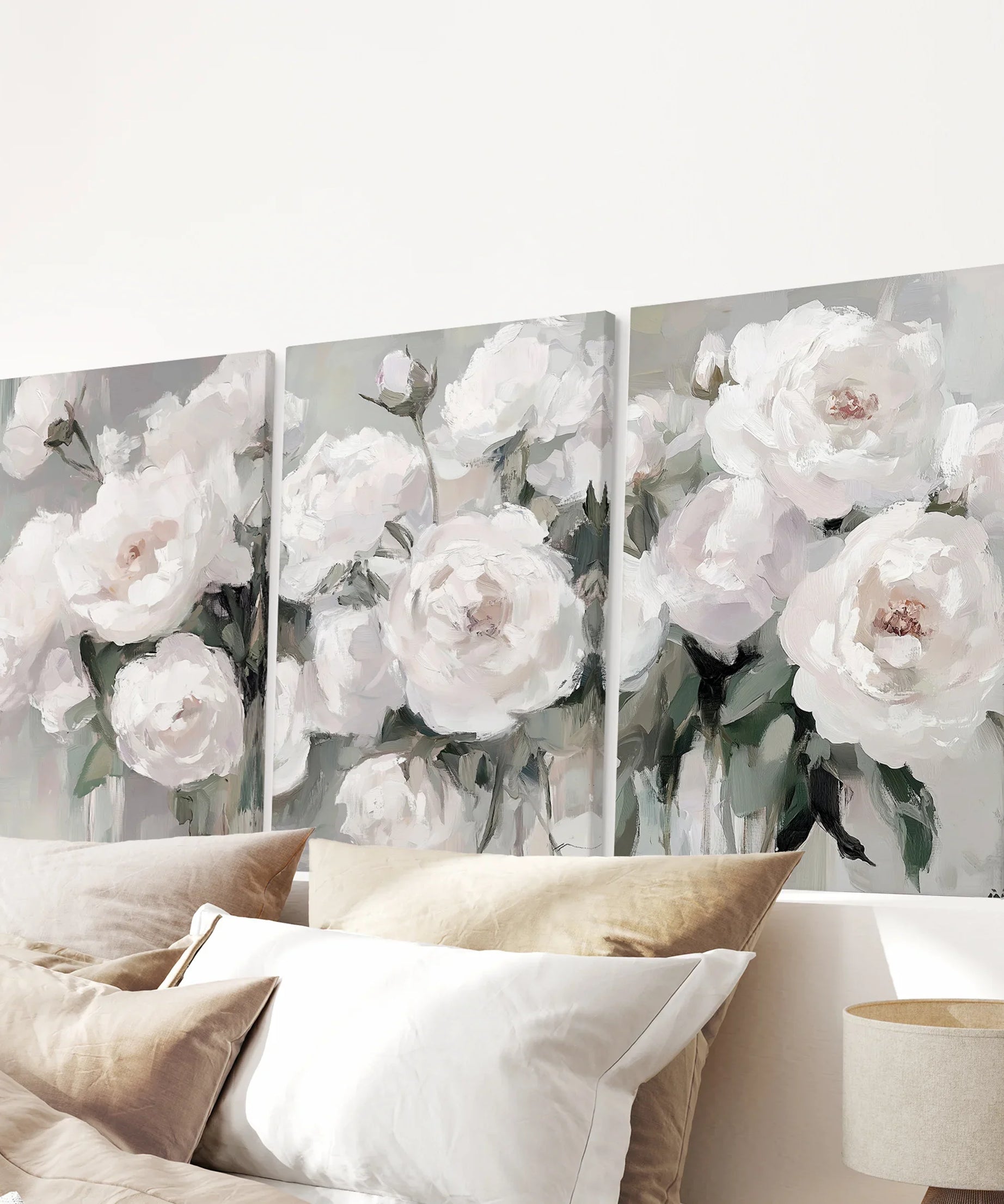Romantic White Flower 3 Piece Wall Art. Peony Painting Print