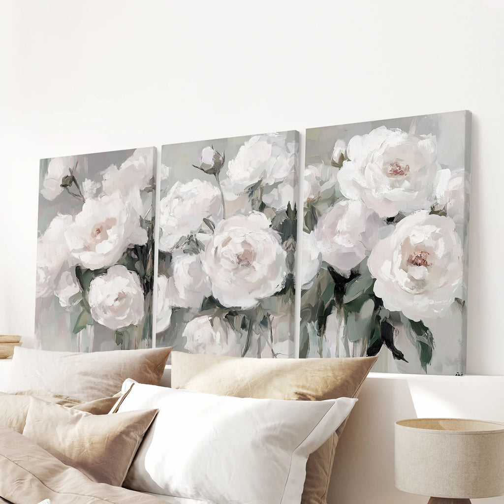 Romantic White Flower 3 Piece Wall Art. Peony Painting Print