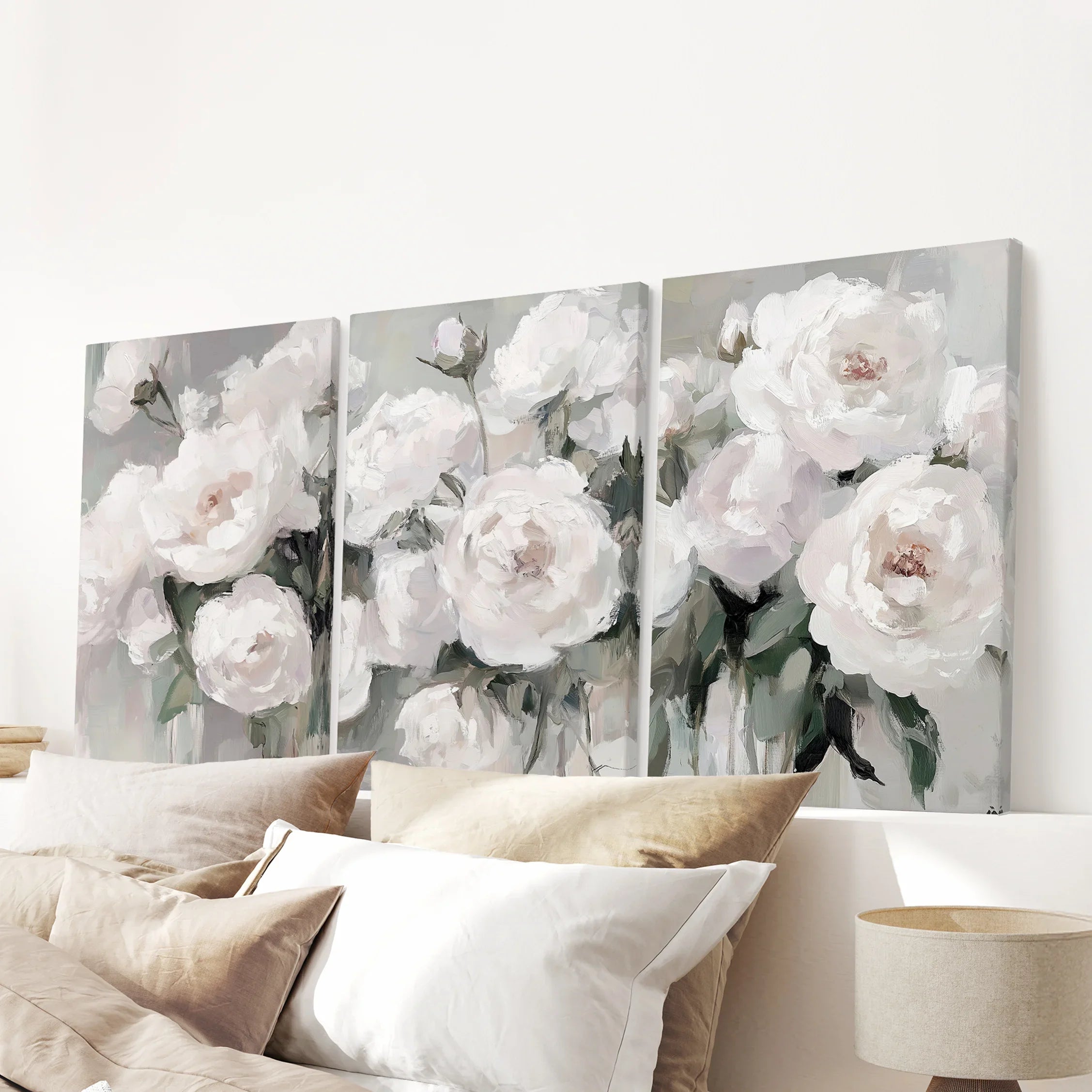 Romantic White Flower 3 Piece Wall Art. Peony Painting Print