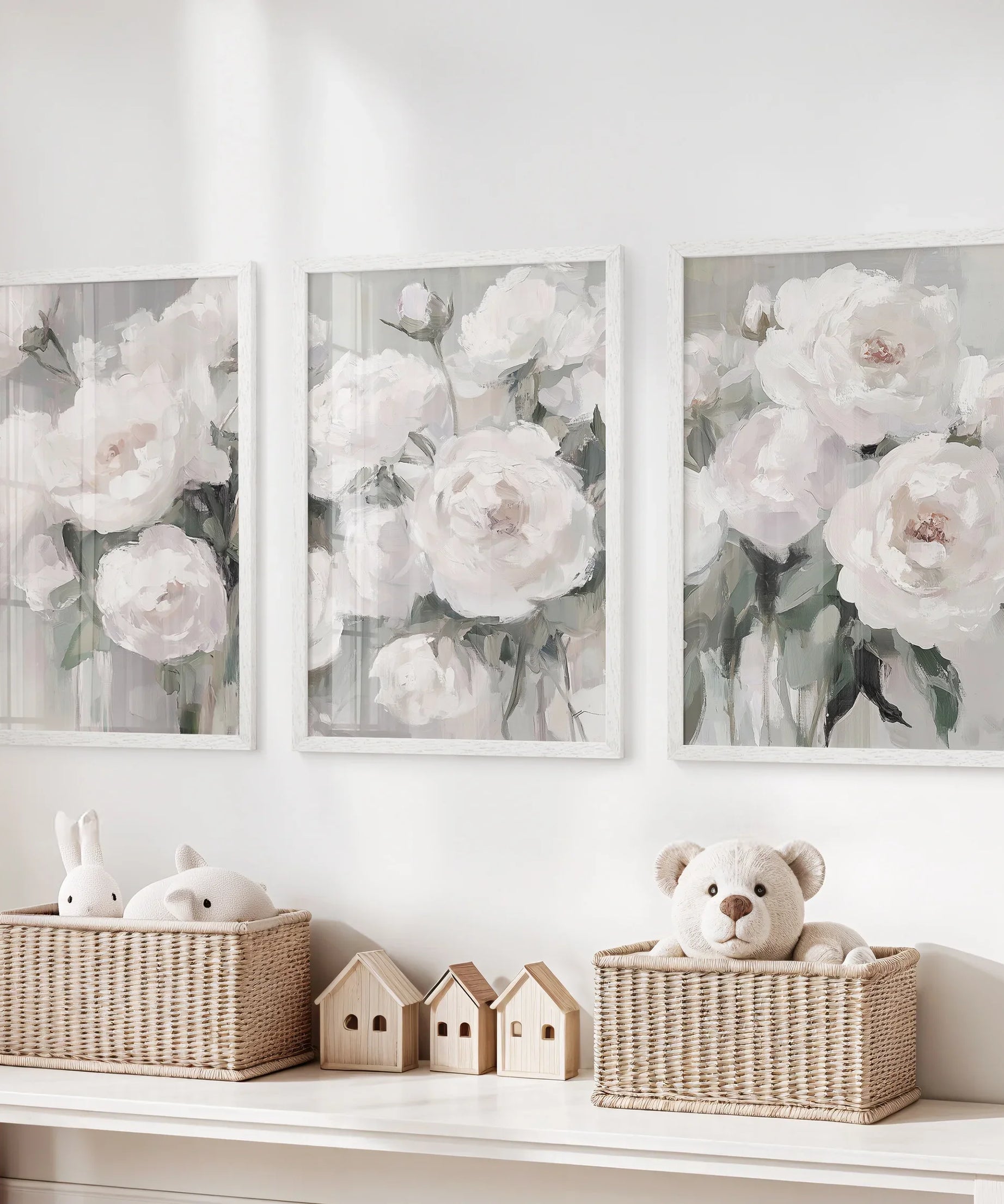 Romantic White Flower 3 Piece Wall Art. Peony Painting Print