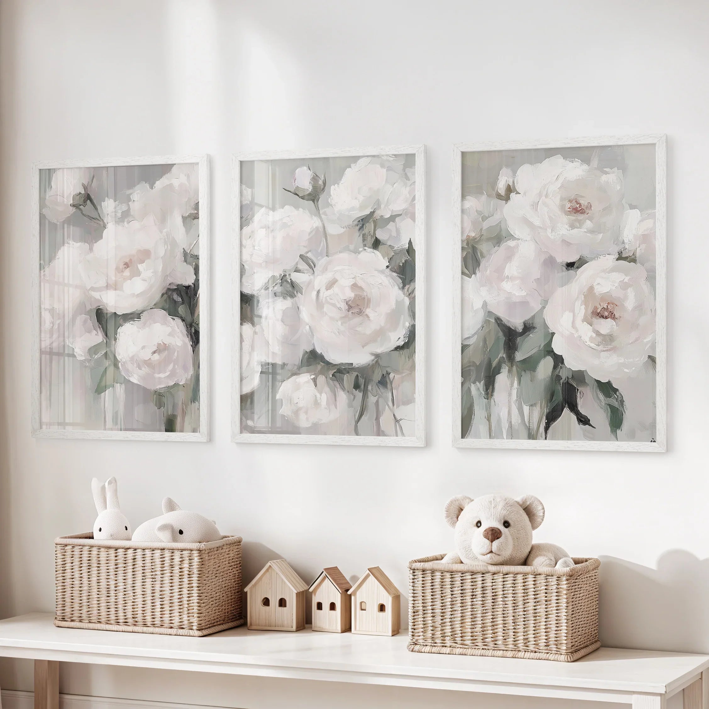 Romantic White Flower 3 Piece Wall Art. Peony Painting Print