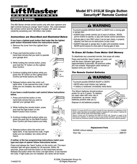 Substitute for AccessMaster 971LM / 91LM 1-Button vizor 390MHz Garage Door Opener Remote Control [971LM]