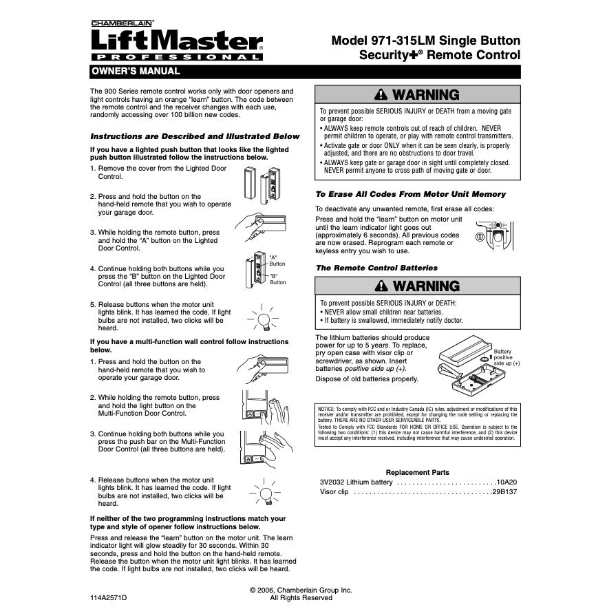Substitute for AccessMaster 971LM / 91LM 1-Button vizor 390MHz Garage Door Opener Remote Control [971LM]