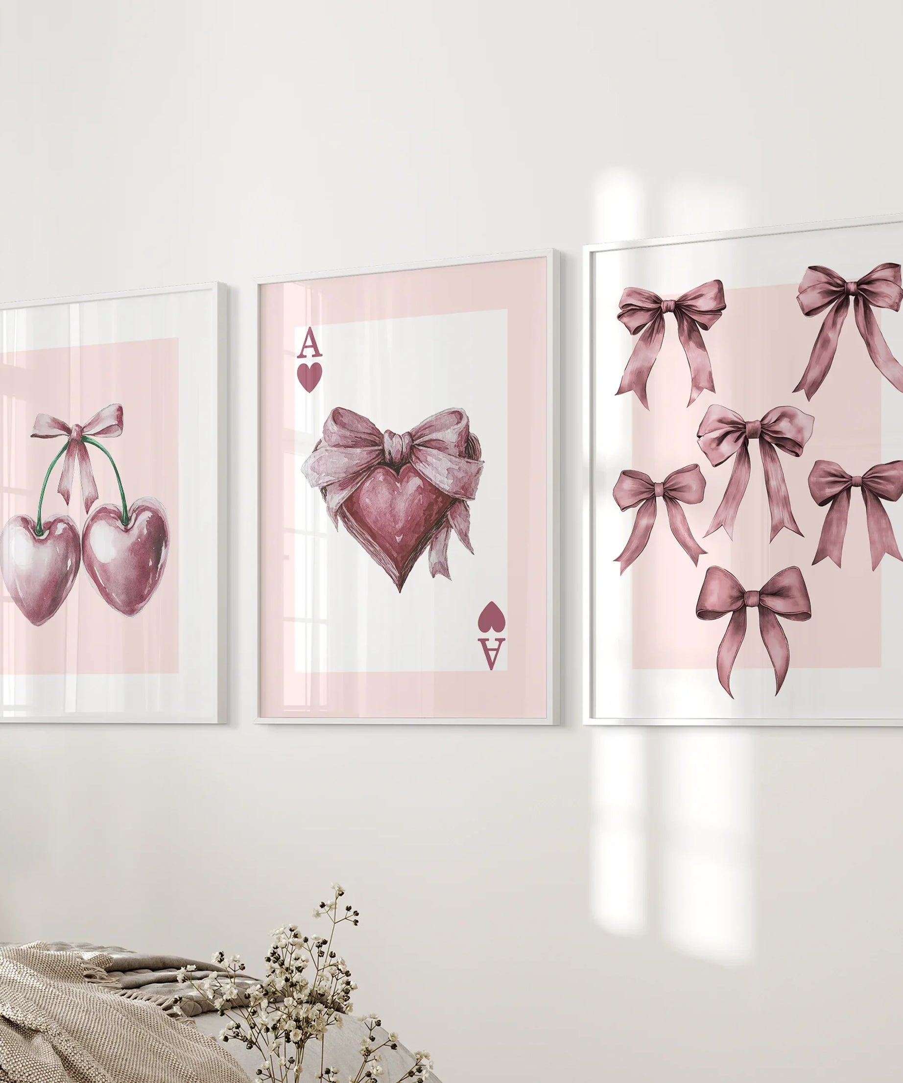 Coquette Cherry Wall Art Set of 3. Pink Romantic Decor