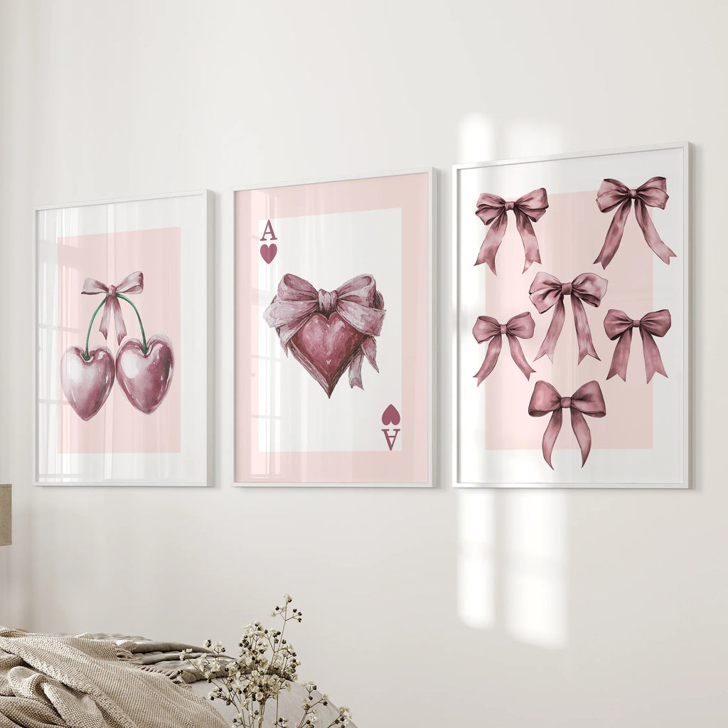 Coquette Cherry Wall Art Set of 3. Pink Romantic Decor
