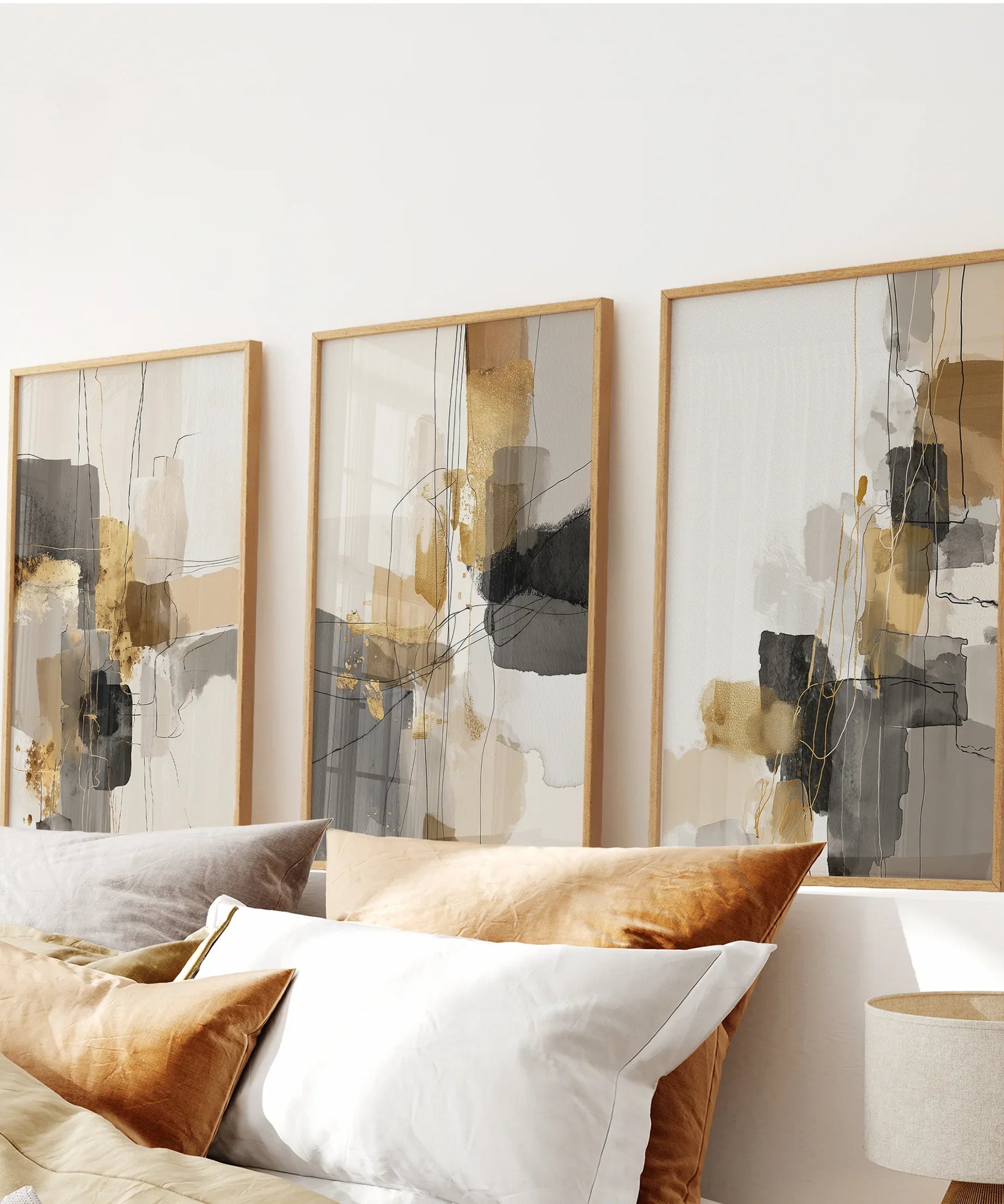 Neutral Abstract Wall Art Set of 3. Beige, Gray, Gold Prints