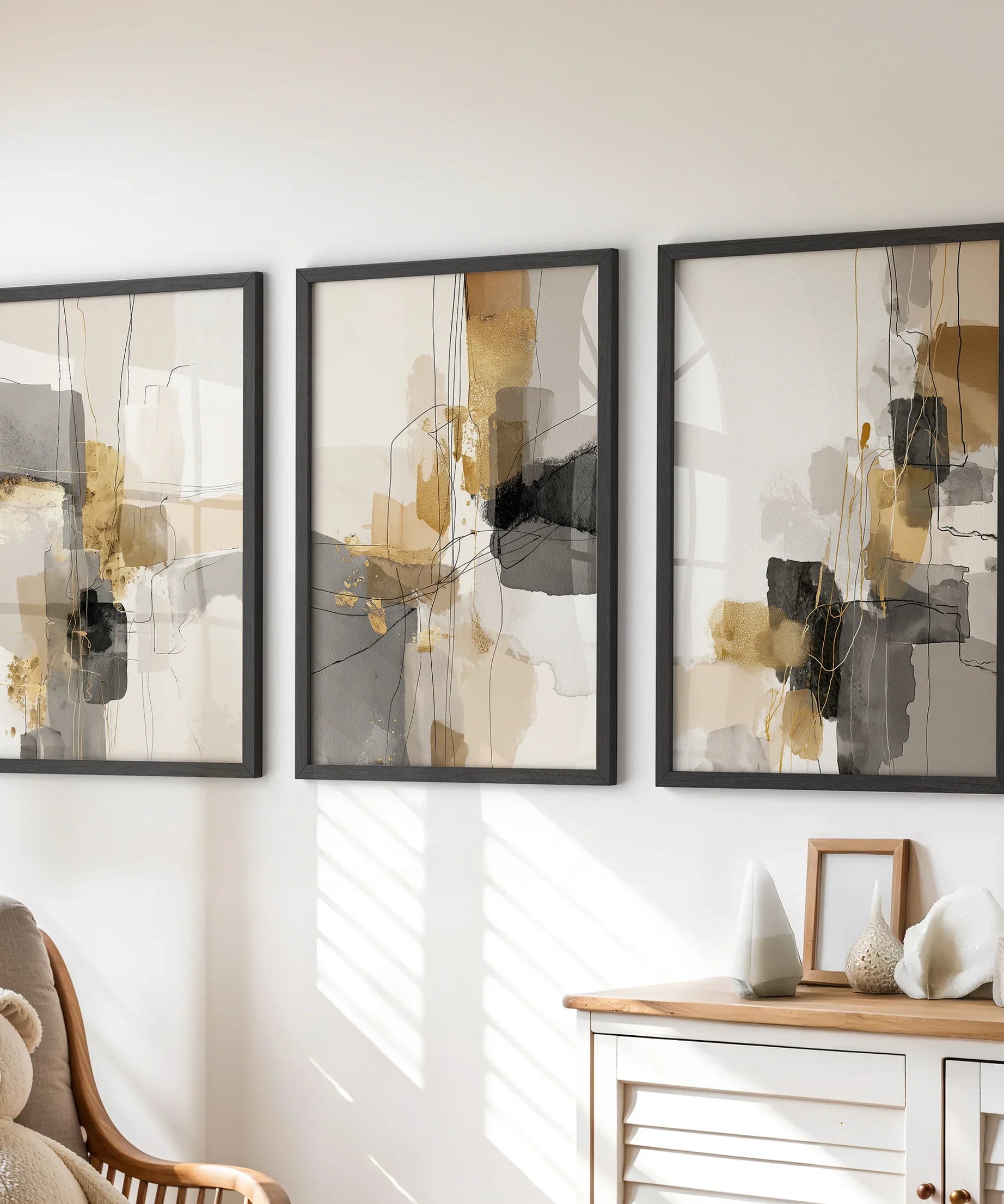 Neutral Abstract Wall Art Set of 3. Beige, Gray, Gold Prints