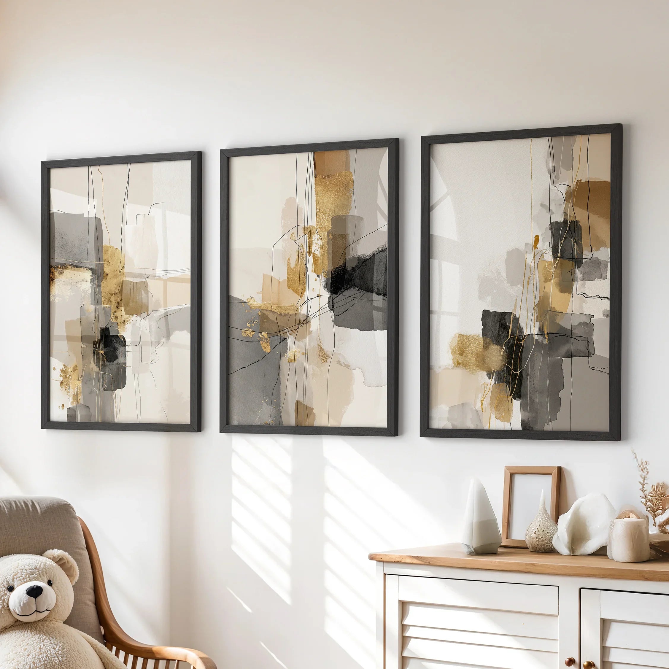 Neutral Abstract Wall Art Set of 3. Beige, Gray, Gold Prints