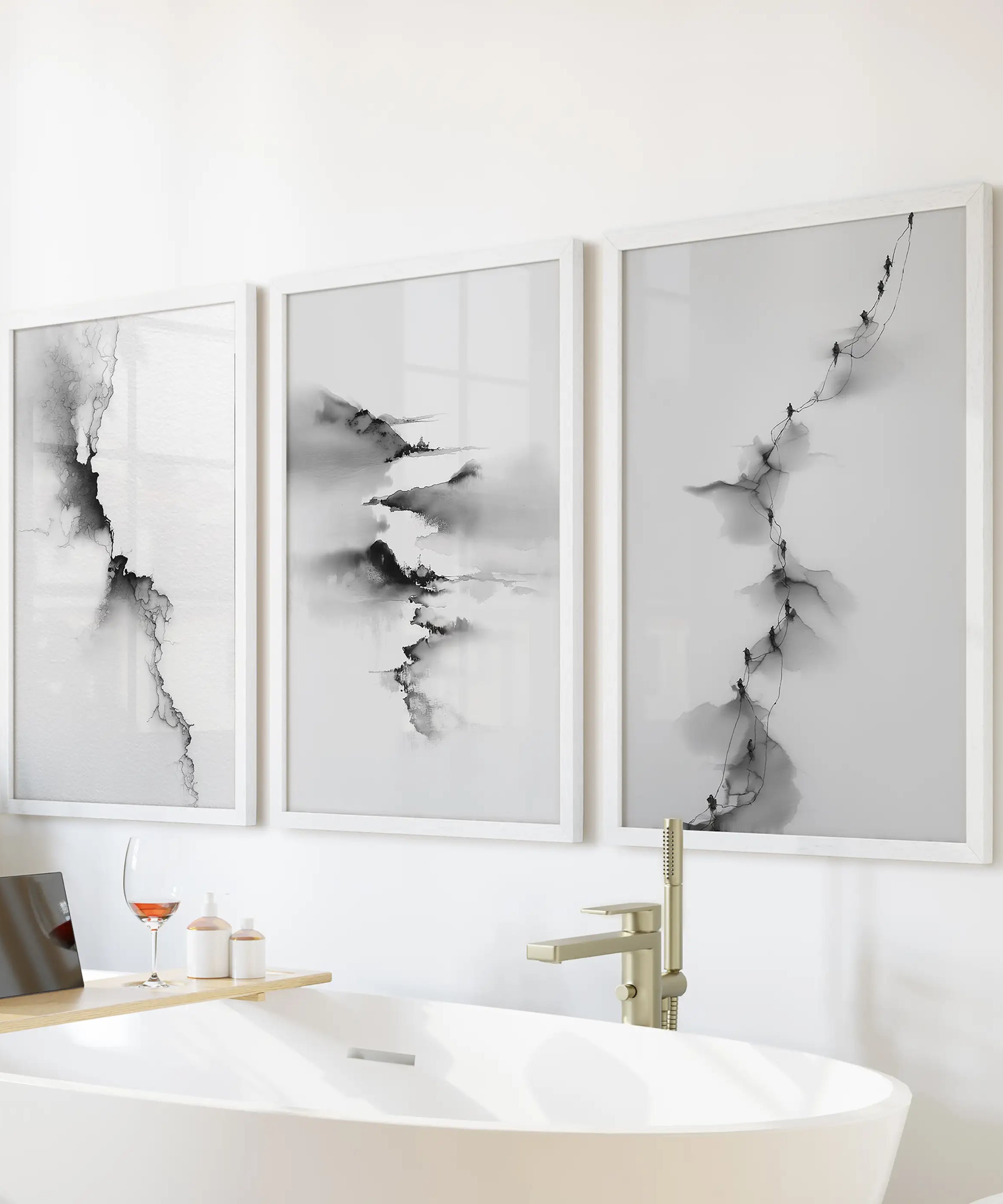 Abstract Mountain 3 Piece Wall Art. Black White Minimalist