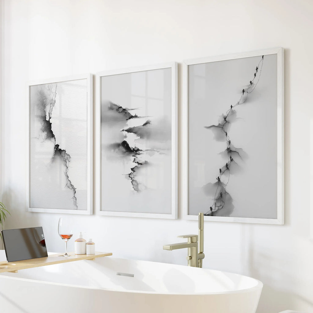 Abstract Mountain 3 Piece Wall Art. Black White Minimalist