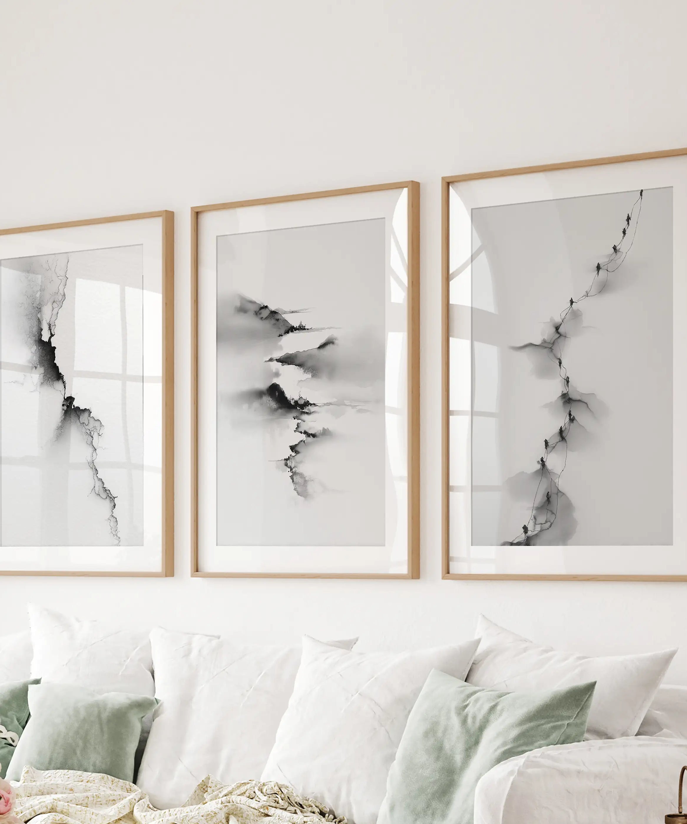 Abstract Mountain 3 Piece Wall Art. Black White Minimalist